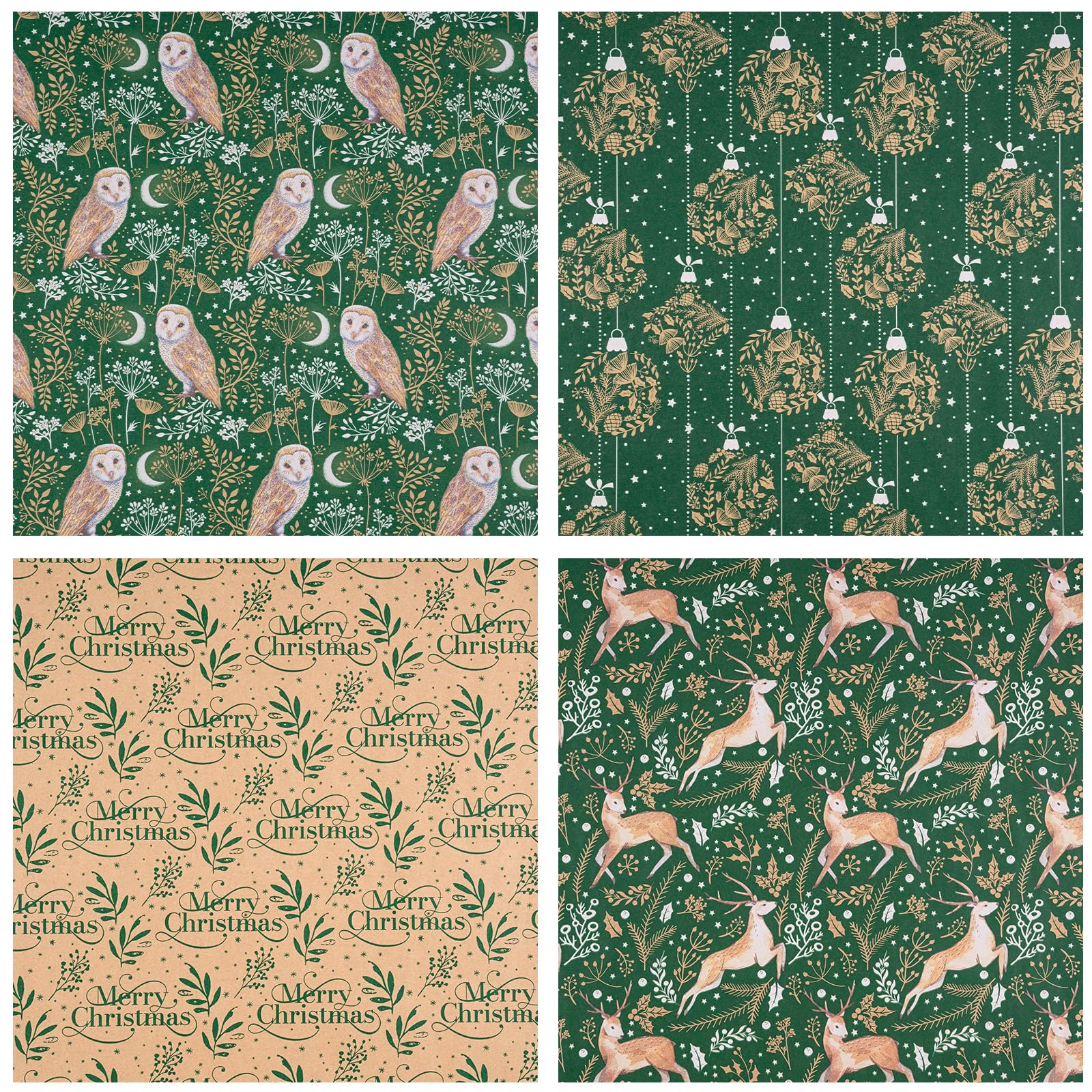 RUSPEPA Christmas Kraft Wrapping Paper - Owl, Reindeer, Christmas Ball and Text Design - 4 Rolls - 30 inches x 10 feet per Roll - Image 3
