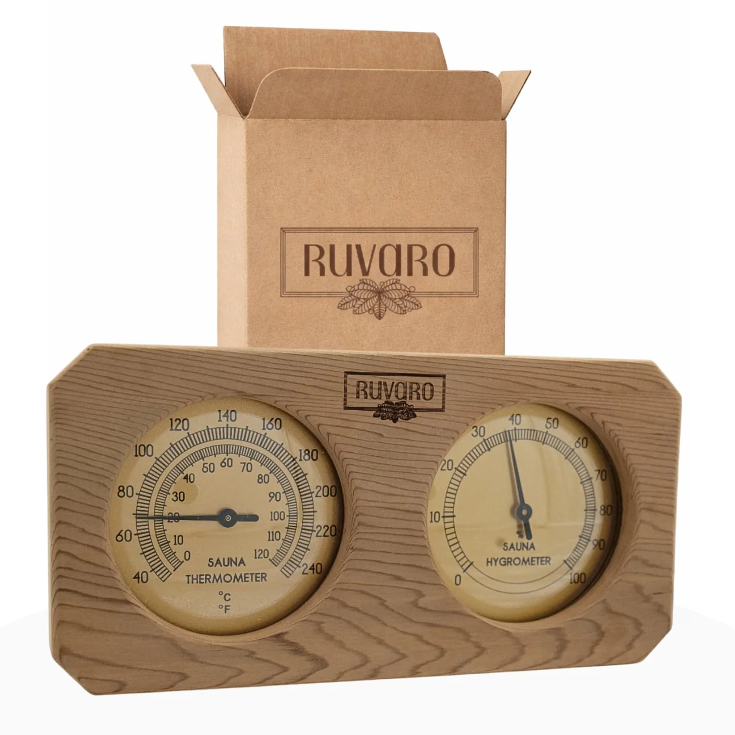 RUVARO Sauna Thermometer and Hygrometer 2-in-1 – Handcrafted from Canadian Red Cedar Wood - Analog Temperature & Humidity Gauge – Fahrenheit & Celsius – Premium Glass Dial – Luxury Sauna Accessories
