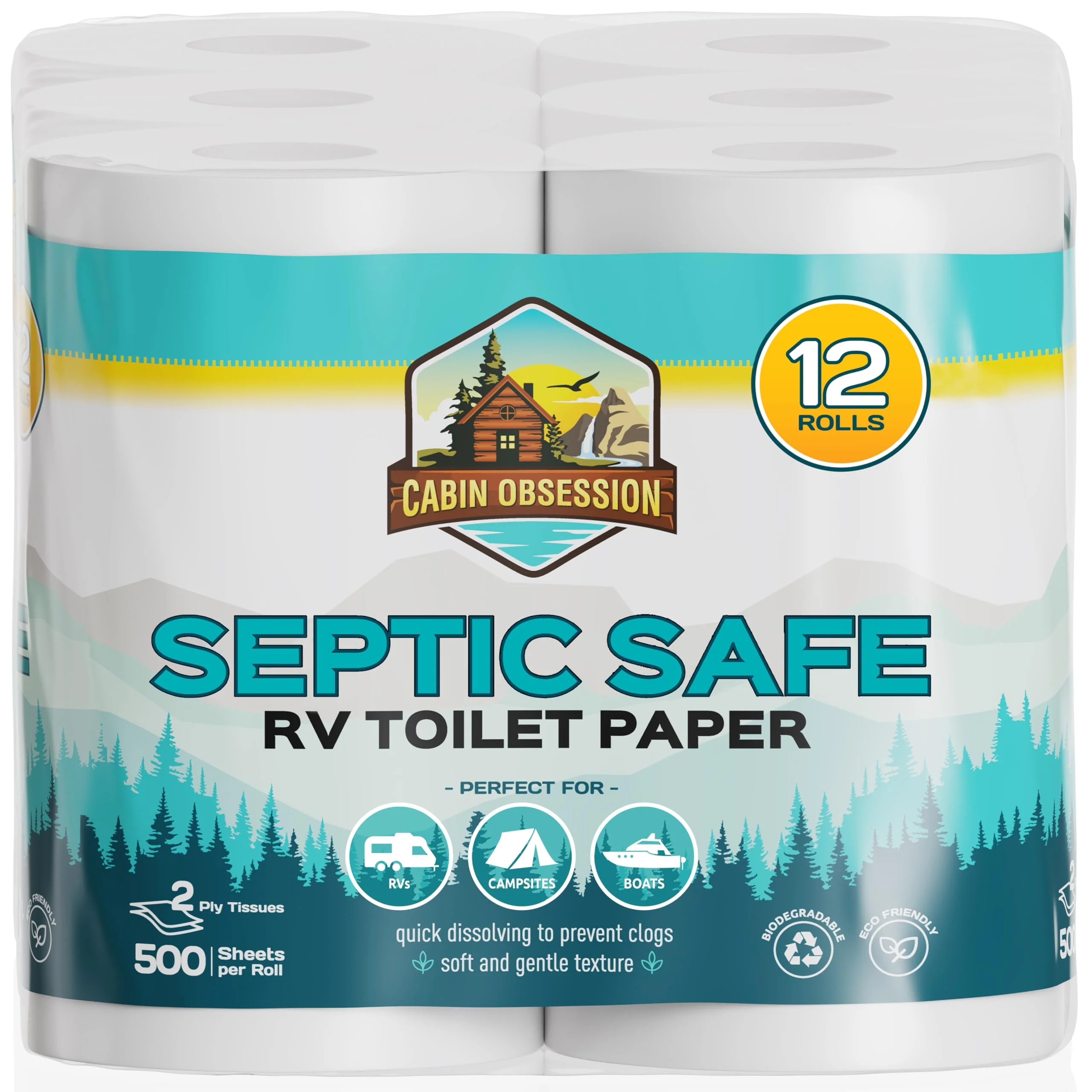 RV Toilet Paper - 12 Pack Septic Safe Toilet Paper 2-Ply Quick Dissolving Camper Tissue Paper Septic Safe to Prevent Clogs - Perfect for Automotive RVs, Septic Tank Systems, Boats, and Camping - Image 2