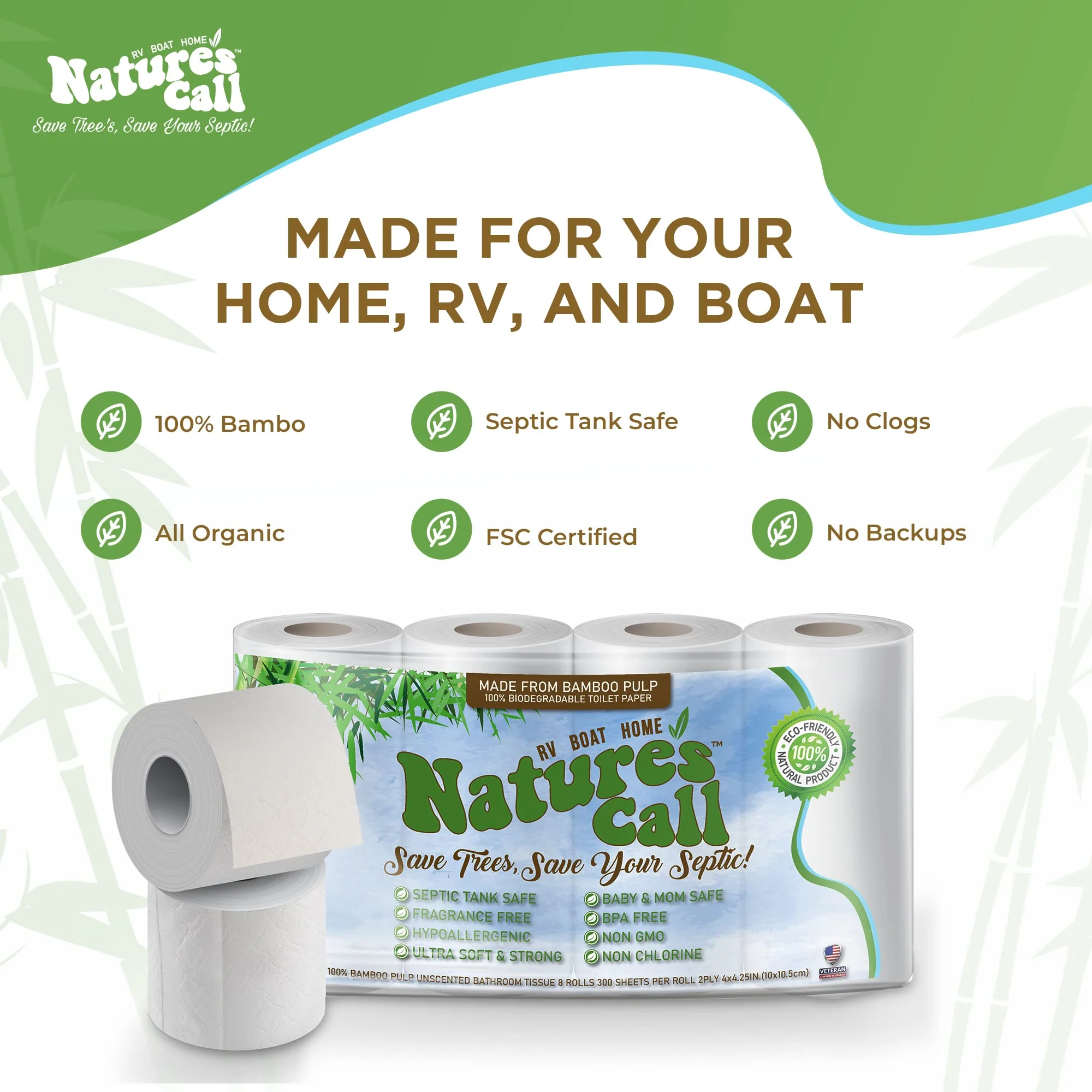 RVs, Boats & Home 100% Bamboo Toilet Paper by Nature's Call - 2-Ply, Soft, Strong, Tank Safe & Quick Dissolve Camper Toilet Tissue - Marine, Camping & Travel Toilet Paper - FSC Certified (8 Rolls) - Image 7