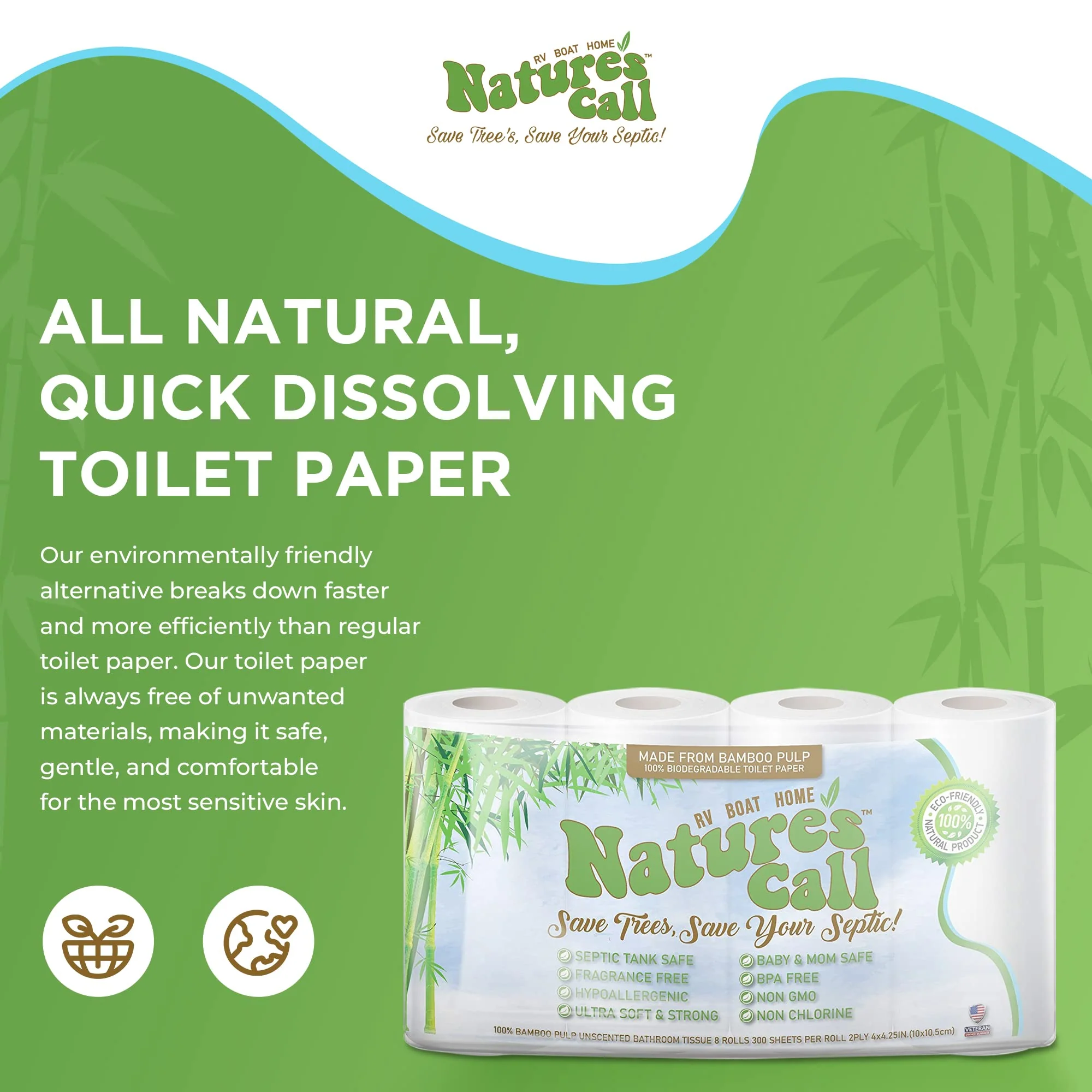 RVs, Boats & Home 100% Bamboo Toilet Paper by Nature's Call - 2-Ply, Soft, Strong, Tank Safe & Quick Dissolve Camper Toilet Tissue - Marine, Camping & Travel Toilet Paper - FSC Certified (8 Rolls) - Image 8