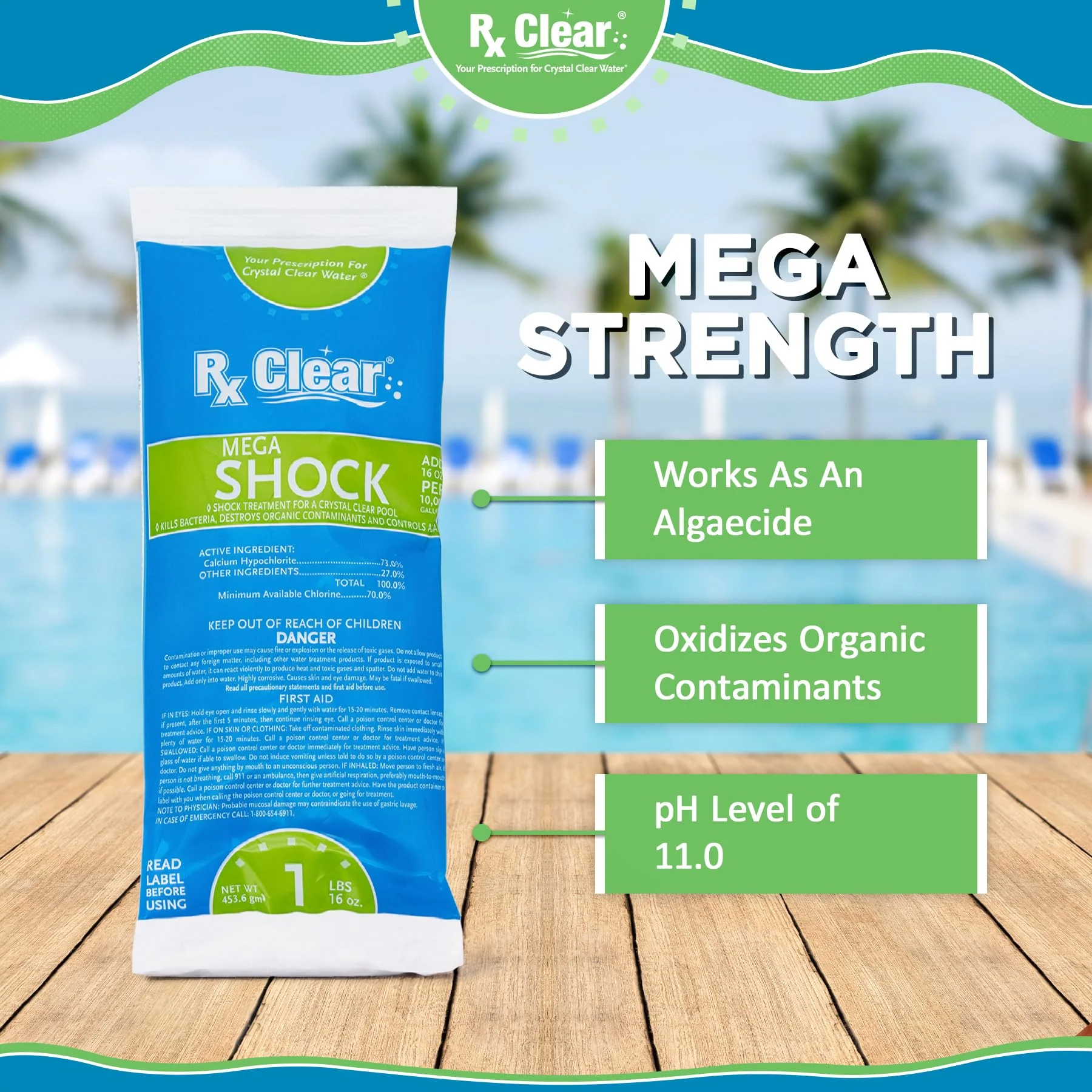 Rx Clear Mega Shock | 73% Calcium Hypochlorite | Kills Algae in Swimming Pools | Works As Pool Sanitizer Clarifier and Algicide | One Pound Bags | 24 Pack - Image 6