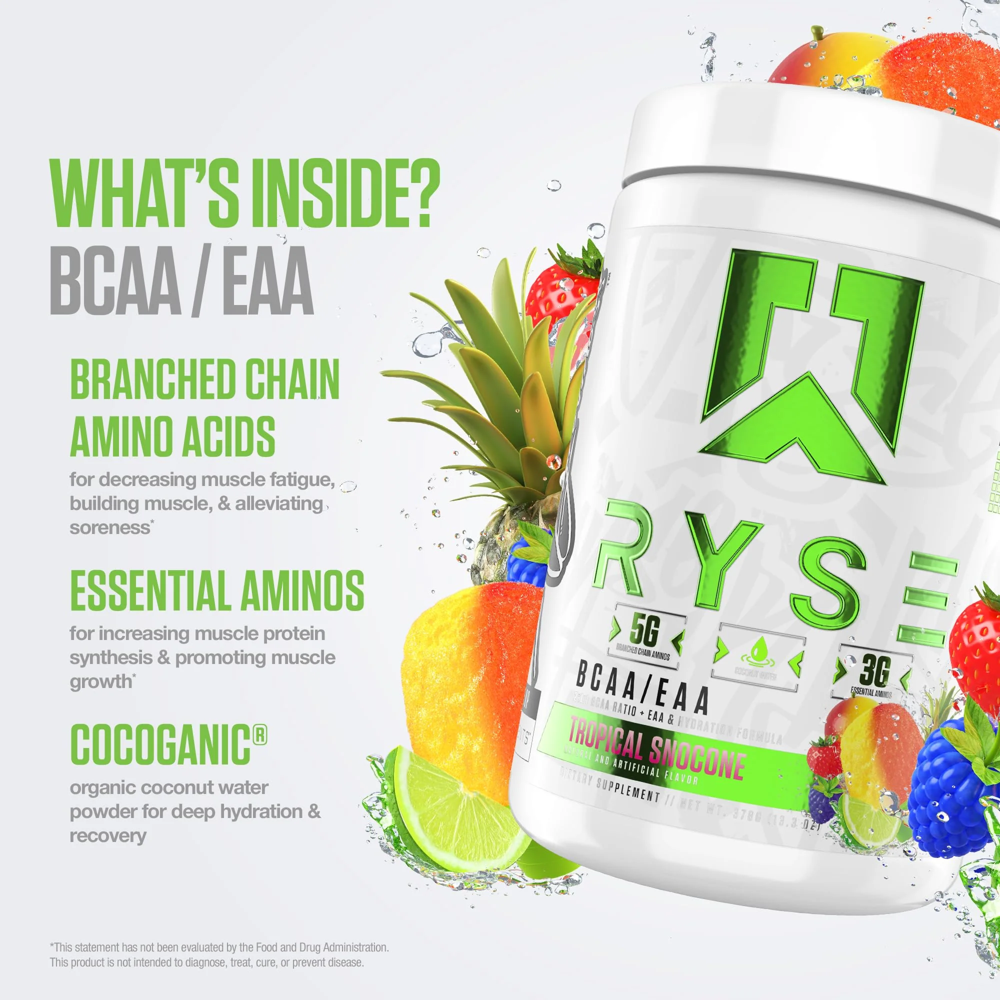 RYSE BCAA EAA Powder - Tropical Snocone - 5g Branched Chain Amino Acids, 3g Essential Aminos, Sugar-Free Electrolytes for Pre & Post Workout Muscle Recovery, Hydration and Strength - 30 Servings - Image 4