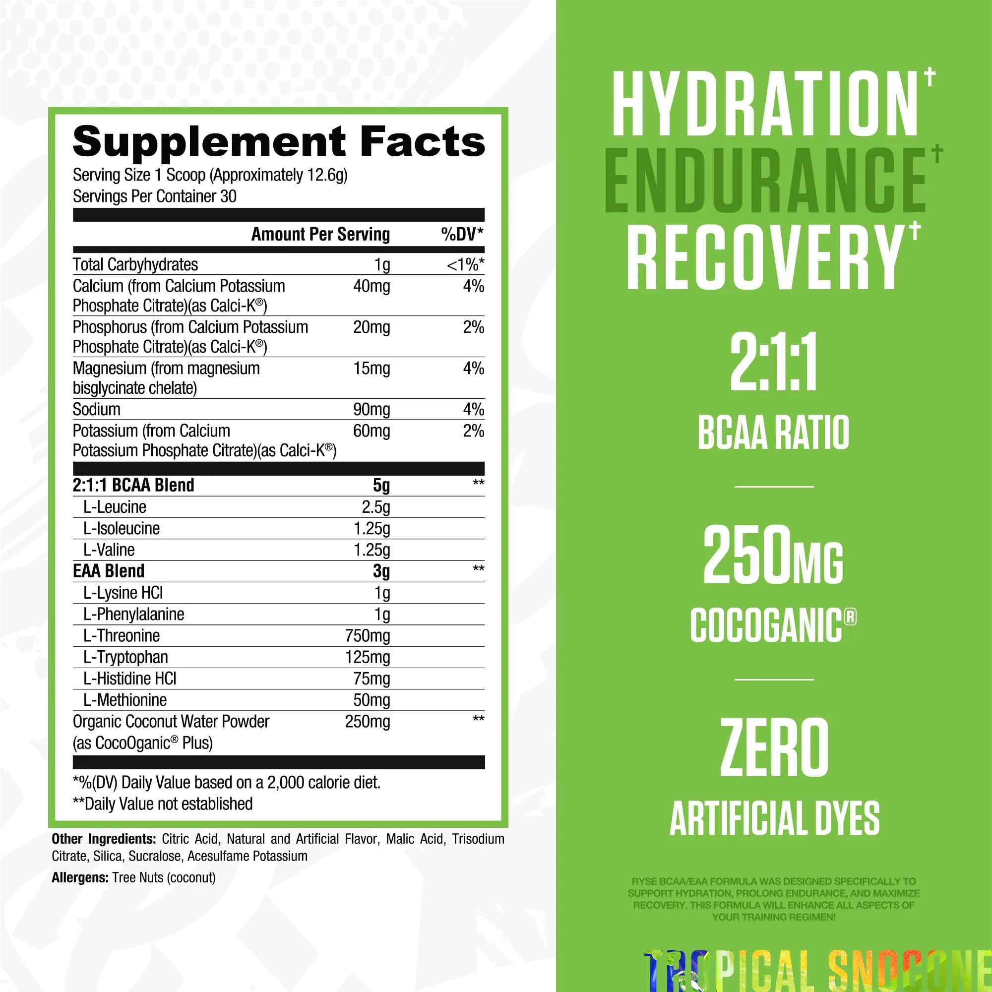 RYSE BCAA EAA Powder - Tropical Snocone - 5g Branched Chain Amino Acids, 3g Essential Aminos, Sugar-Free Electrolytes for Pre & Post Workout Muscle Recovery, Hydration and Strength - 30 Servings - Image 6