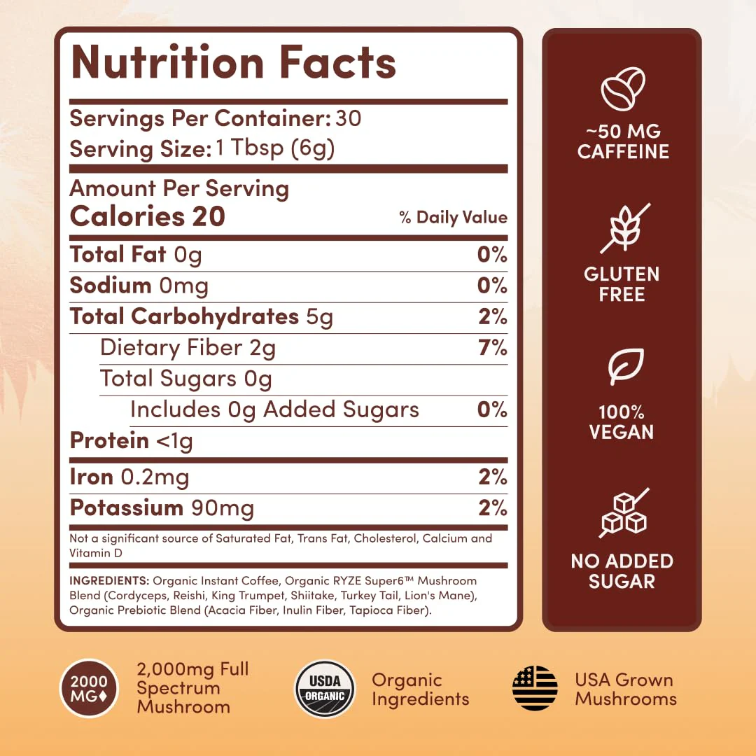 RYZE SUPERFOODS Mushroom Coffee Starter Kit, USDA Organic Instant Coffee with 6 Adaptogenic Mushrooms and MCT Oil for Better Energy, Focus, Digestion, Immunity with Lions Mane & Turkey Tail 60 serving - Image 6