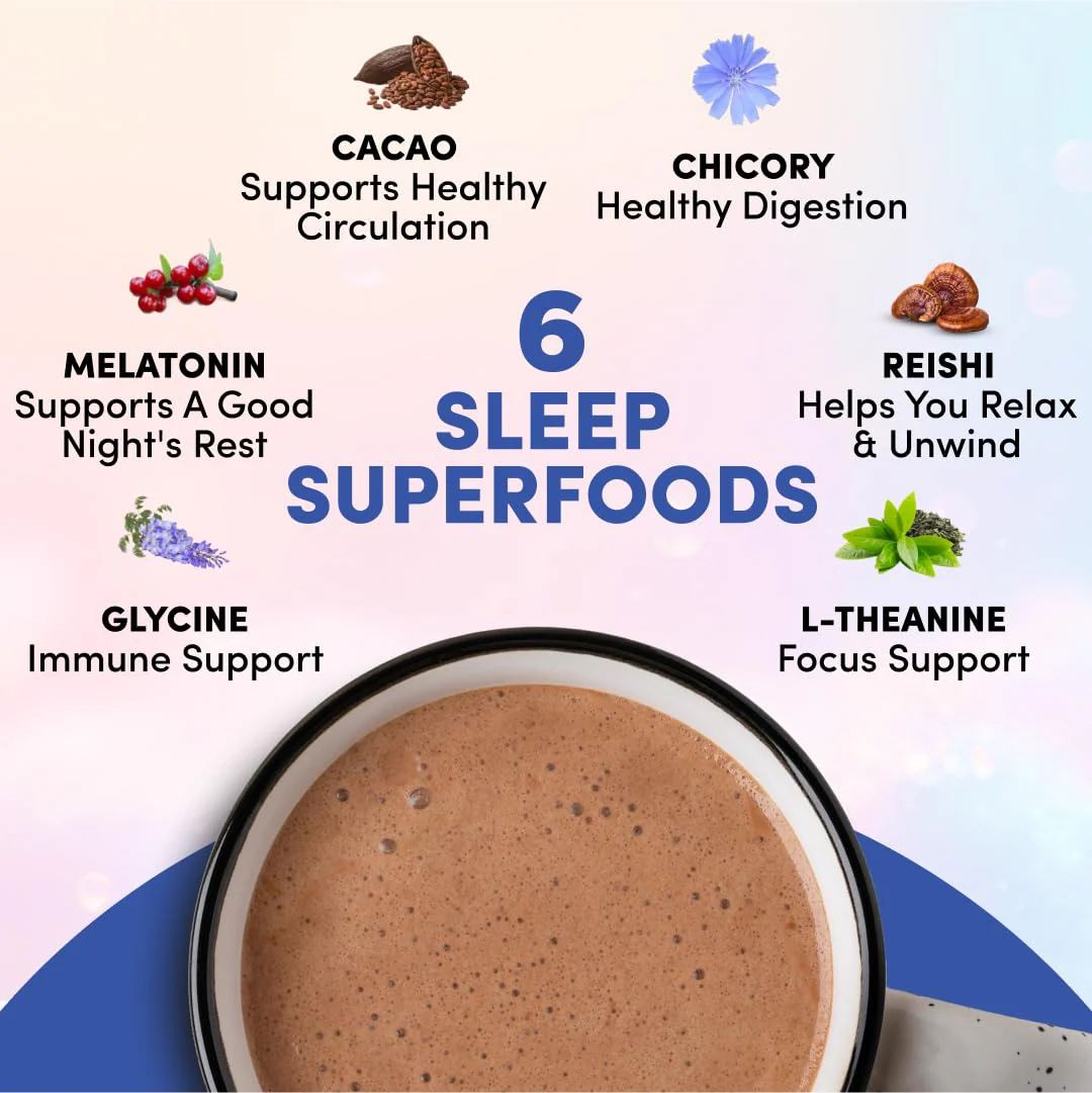 RYZE SUPERFOODS Mushroom Hot Cocoa Melatonin Sleep Supplement, Keto Cocoa Powder with Reishi Mushroom, Melatonin, Glycine, Cacao, L-Theanine, Chicory to Help Fall Asleep and Stay Asleep, 20 Servings - Image 5