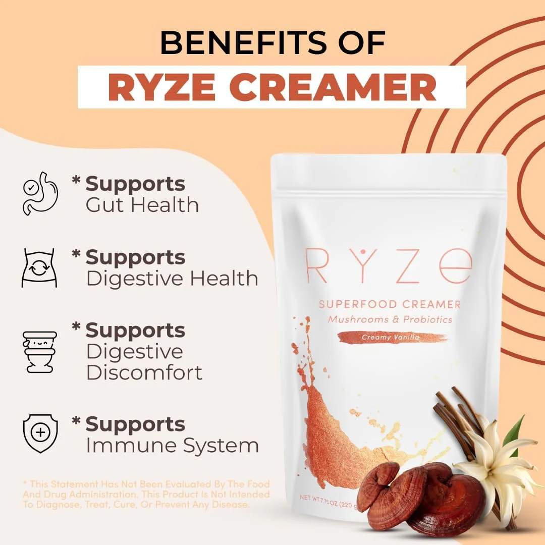 RYZE SUPERFOODS RYZE n Shine Bundle, USDA Organic Mushroom Coffee + Probiotic Coffee Creamer with 6 Adaptogenic Mushrooms and MCT Oil or Better Energy, Focus, Digestion, Immunity, 30 + 30 Servings - Image 2