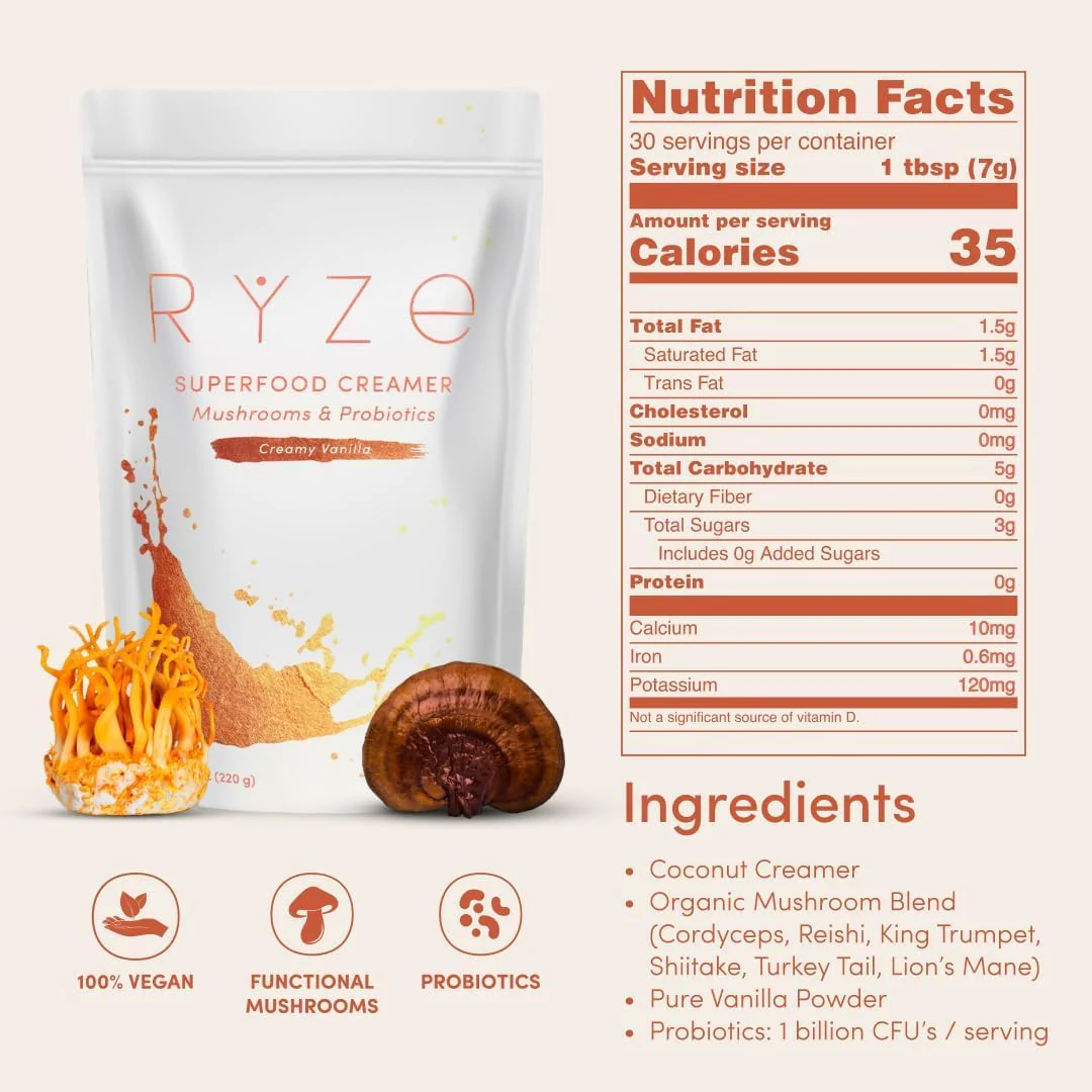 RYZE SUPERFOODS RYZE n Shine Bundle, USDA Organic Mushroom Coffee + Probiotic Coffee Creamer with 6 Adaptogenic Mushrooms and MCT Oil or Better Energy, Focus, Digestion, Immunity, 30 + 30 Servings - Image 7