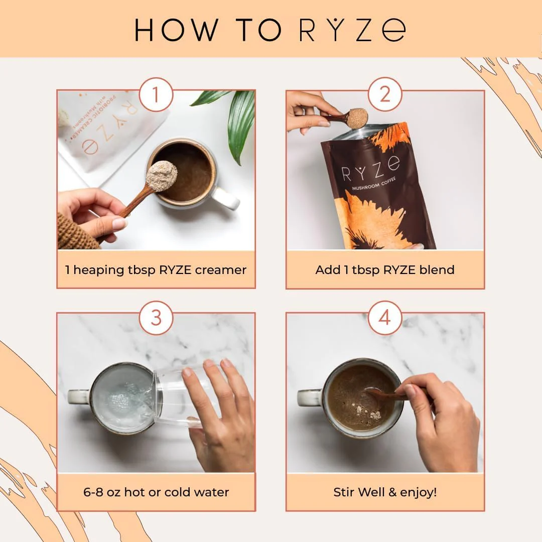 RYZE SUPERFOODS RYZE n Shine Bundle, USDA Organic Mushroom Medium Roast Coffee + Probiotic Coffee Creamer with 6 Adaptogenic Mushrooms for Better Energy, Focus, Digestion, Immunity, 30 + 30 Servings - Image 7