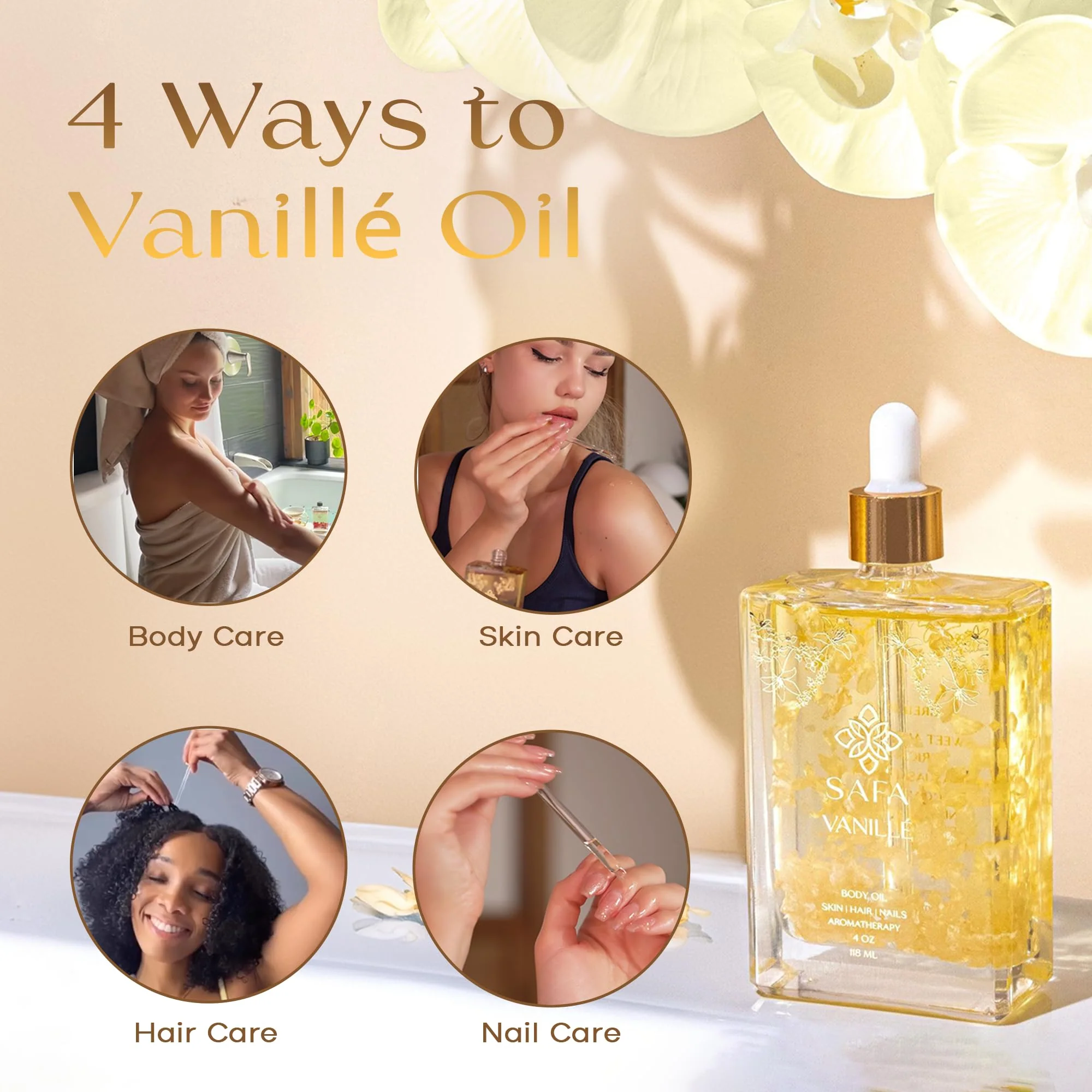 SAFA Vanillé Oil - Organic Oil for Face, Body, Hair, Nails & Aromatherapy | Vanilla Extract & Jasmine Petals - Essential Oil for Diffusers | After Shower Body Oil | Skin Moisturiser (4 Fl Oz) - Image 4