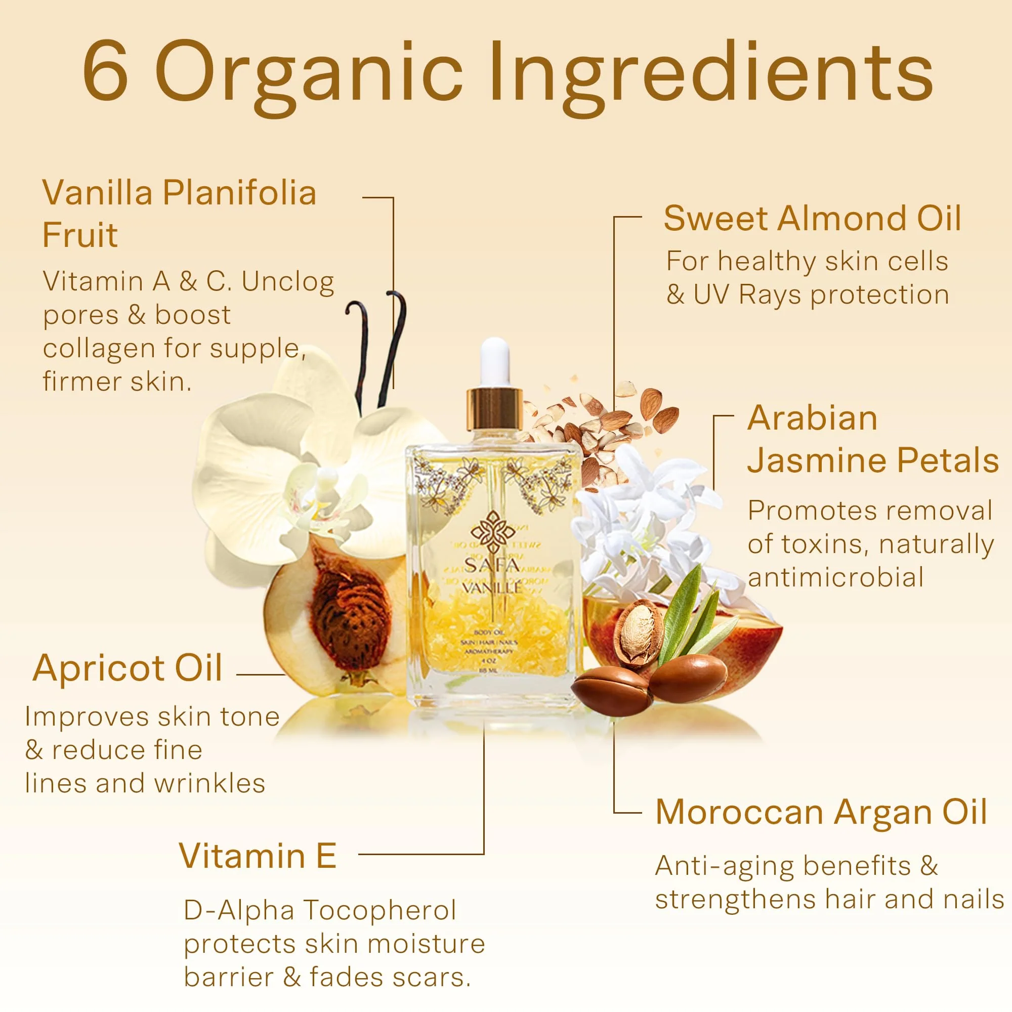 SAFA Vanillé Oil - Organic Oil for Face, Body, Hair, Nails & Aromatherapy | Vanilla Extract & Jasmine Petals - Essential Oil for Diffusers | After Shower Body Oil | Skin Moisturiser (4 Fl Oz) - Image 5