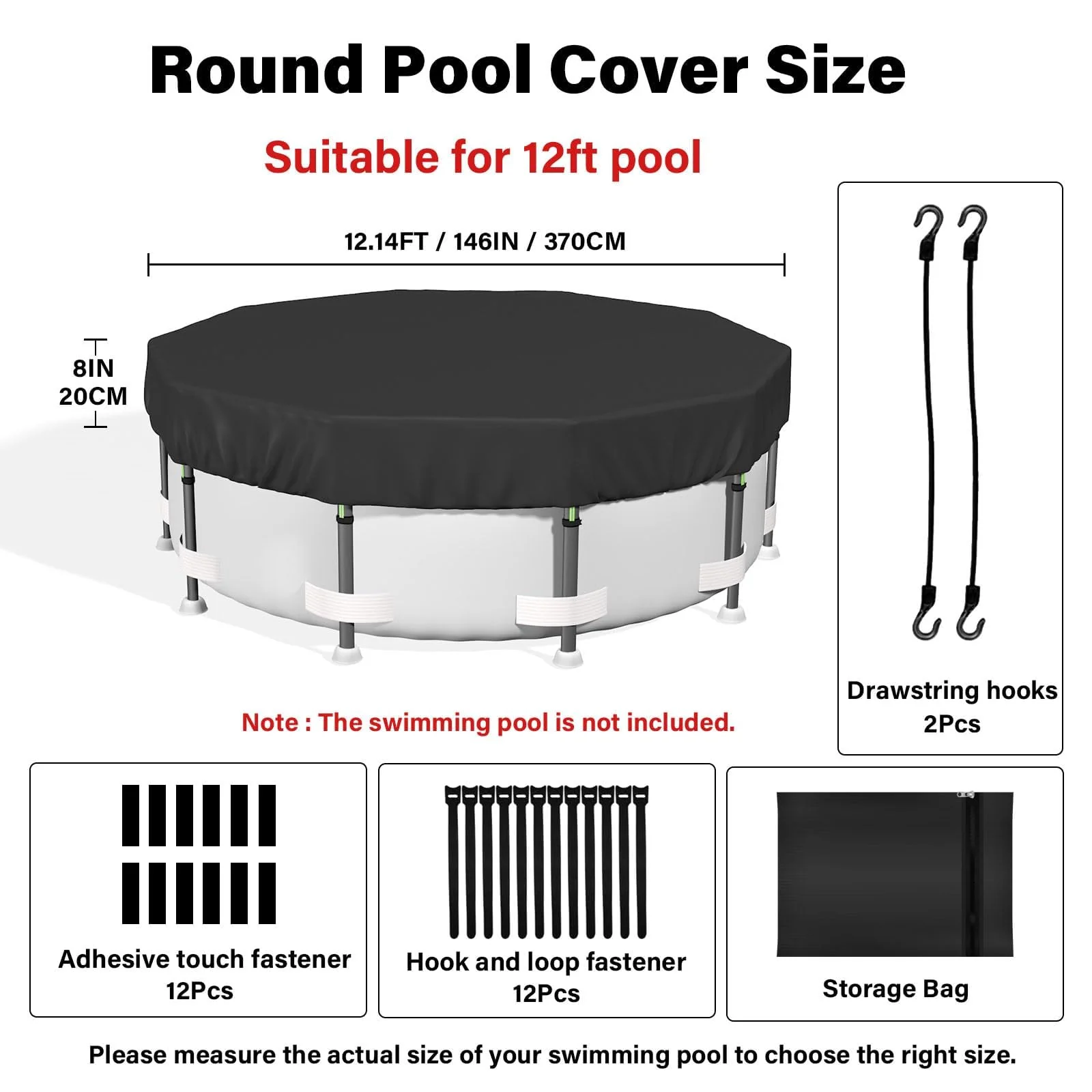 SAFANA 12FT New Pool Covers for Above Ground Pools, Round Swimming Pool Cover [Upgrade 420D Thicker] Protective Leaf Cover with Reflective Strip, Tear Resistant Durability Fabric, UV Resistance, Black - Image 8