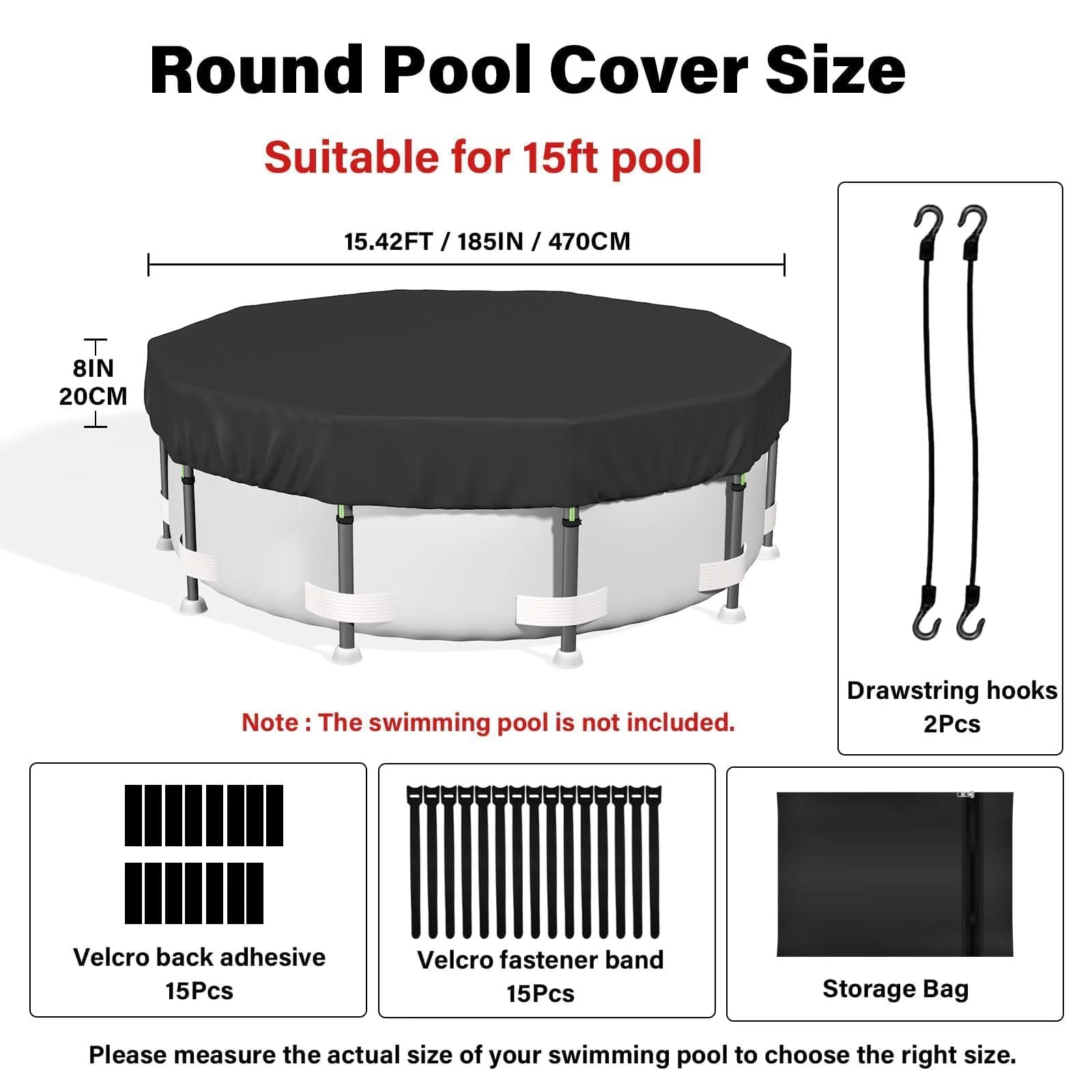 SAFANA 15FT Round Pool Covers for Above Ground Pools, Round Swimming Pool Cover [Upgrade 420D Thicker] Protective Leaf Cover with Reflective Strip, Tear Resistant Durability, UV Resistance, Black - Image 8