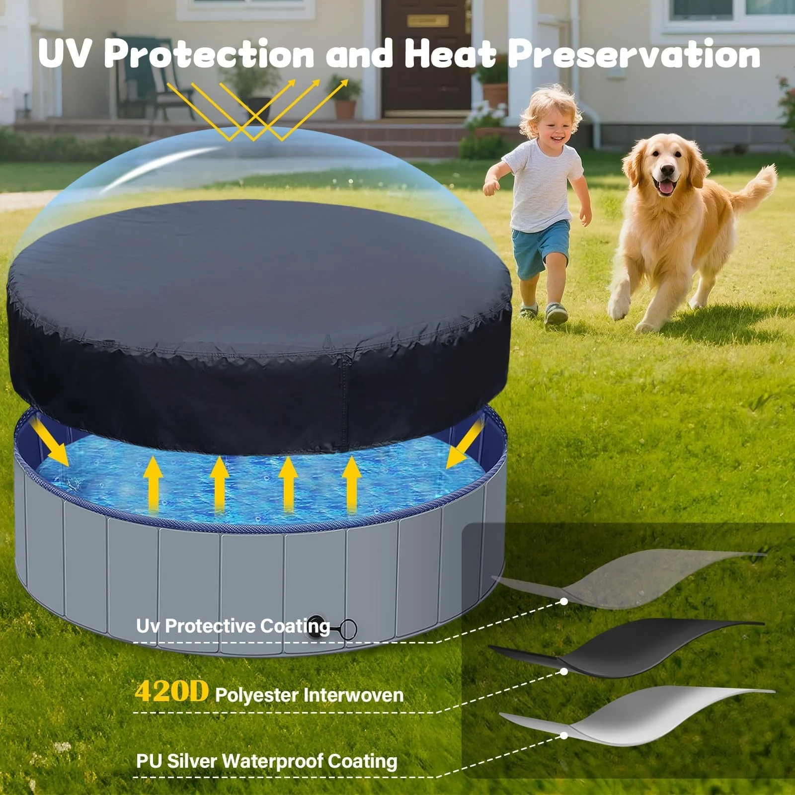 SAFANA 72" Round Dog Pool Cover [Upgrade 420D Thickened] 6ft Portable Dog Pet Bath Pool Cover 71/72 inch, Durable Foldable Round Inflatable Swimming Pool Cover, Drawstring Design Windproof Dustproof - Image 5