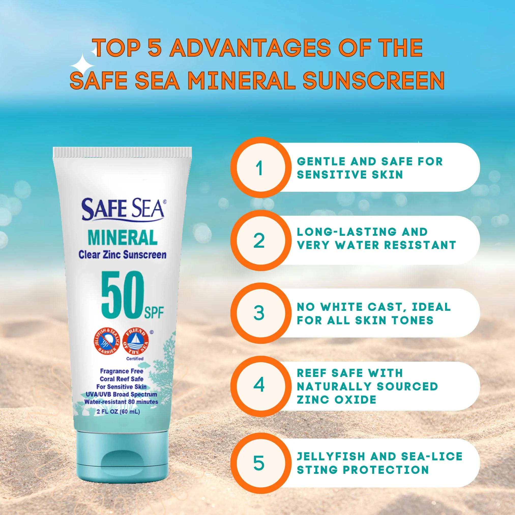 Safe Sea Zinc Oxide Sunscreen SPF50 | Clear Mineral Face Sunscreen | Anti-Jellyfish Sting Protective Lotion | Coral Reef Safe | Travel Size - 2Oz (60ml), Pack of 1 - Image 6