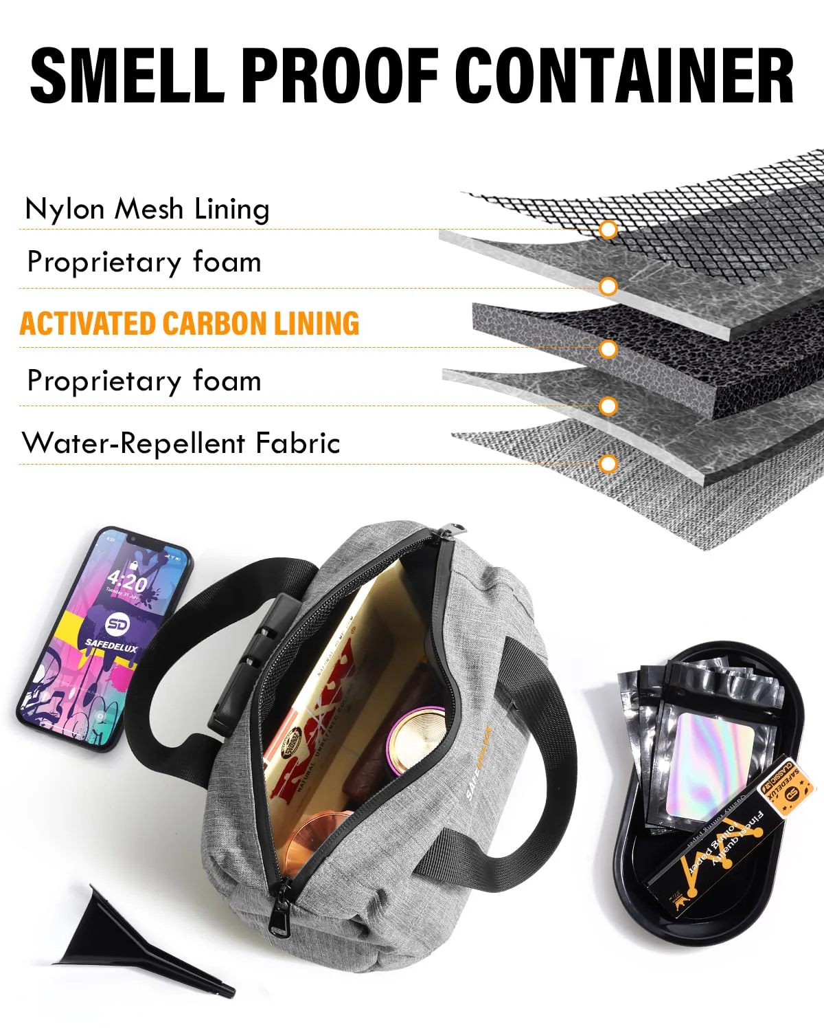SafeDelux Smell Proof Bag with Combination Lock, Odorless Activated Carbon Fiber Smell Proof Container, Portable Stash Box for Travel, Home, Office & Gifts (Grey) - Image 4