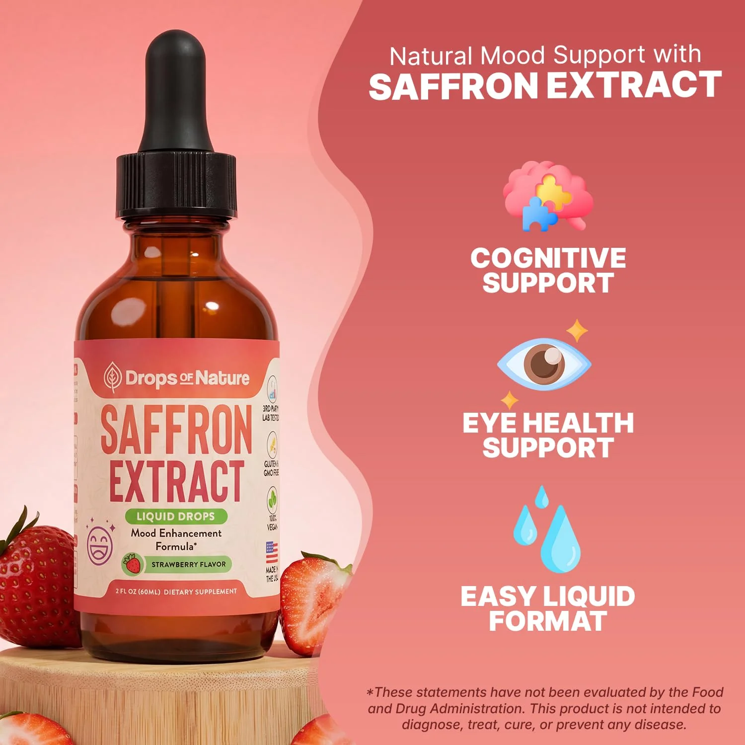 Saffron Supplements for Kids & Adults – Made with Pure Saffron Extract – Vegan, Fast Absorbing – Mix with Drinks – Supports Eye Health, Emotional Balance and Antioxidant Level Boost (Strawberry, 60mL) - Image 2