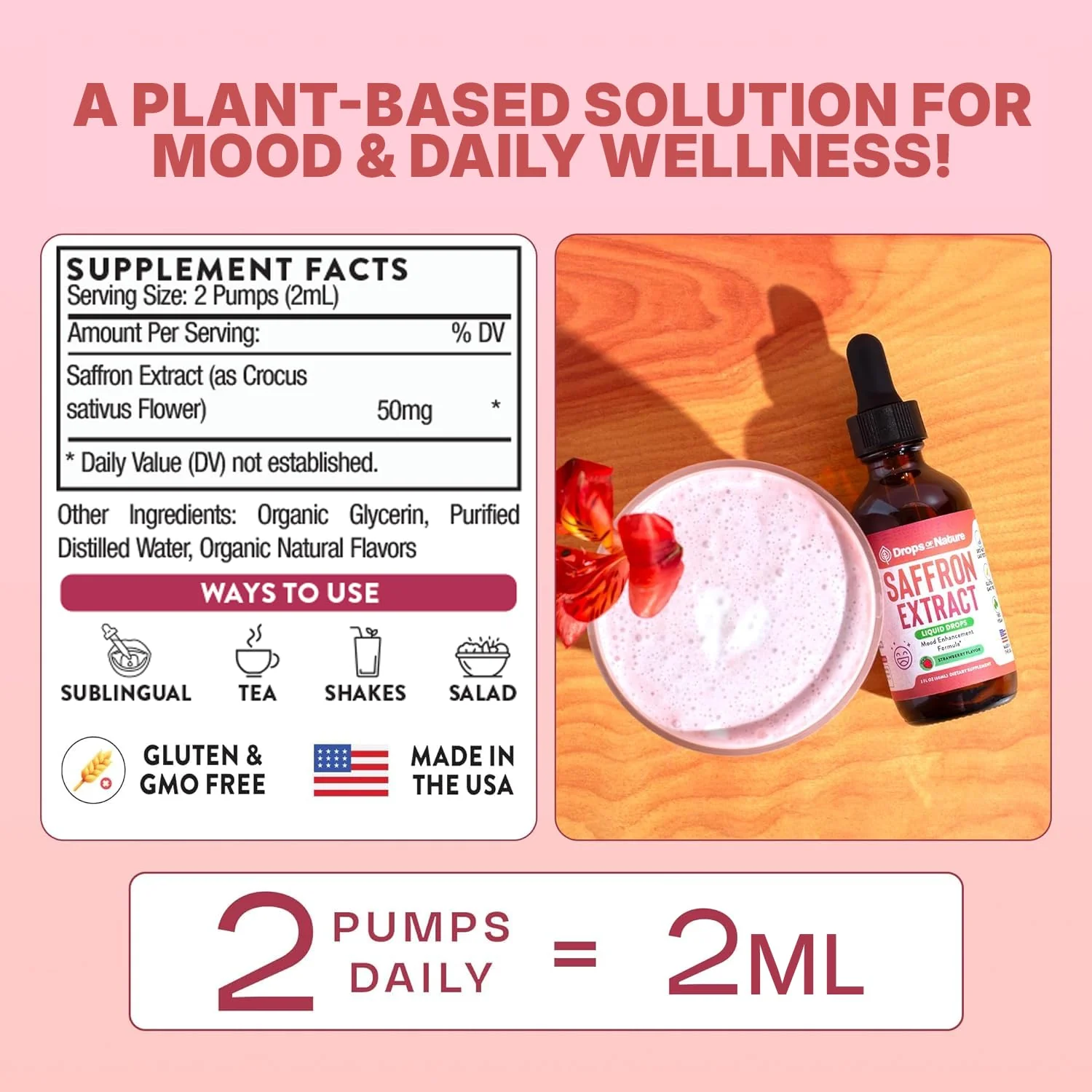 Saffron Supplements for Kids & Adults – Made with Pure Saffron Extract – Vegan, Fast Absorbing – Mix with Drinks – Supports Eye Health, Emotional Balance and Antioxidant Level Boost (Strawberry, 60mL) - Image 3