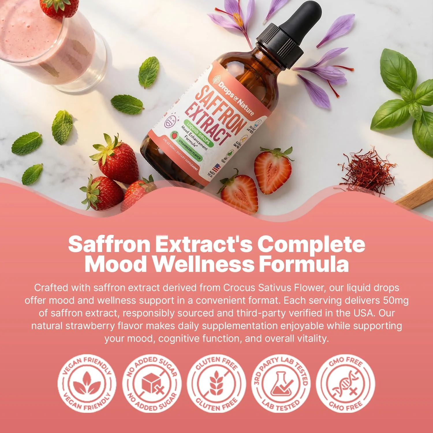 Saffron Supplements for Kids & Adults – Made with Pure Saffron Extract – Vegan, Fast Absorbing – Mix with Drinks – Supports Eye Health, Emotional Balance and Antioxidant Level Boost (Strawberry, 60mL) - Image 8