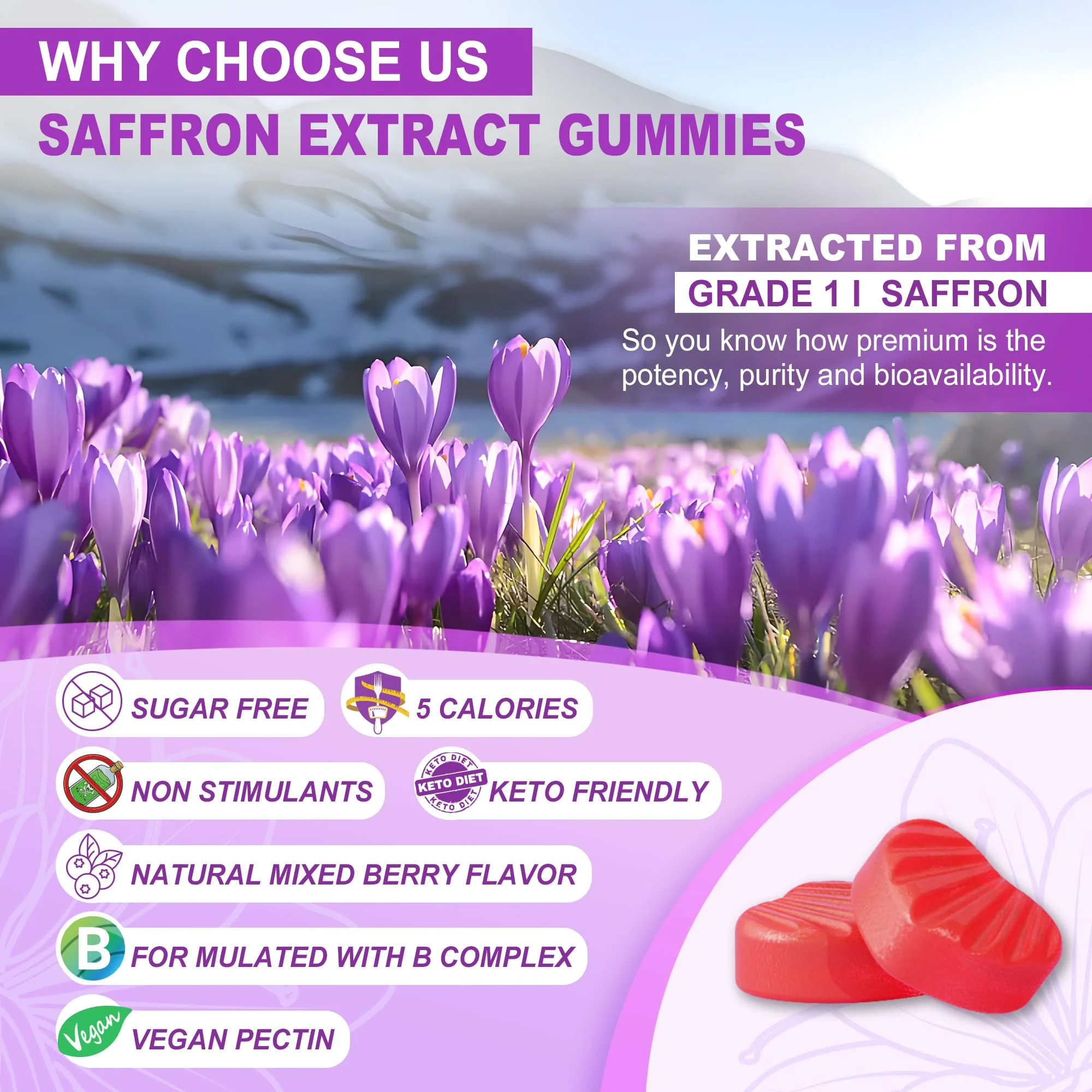 Saffron Supplements Gummies 100mg - 100% Pure Saffron Extract with Magnesium Glycinate, L-Theanine, Turmeric, Ashwagandha, Honey & Vitamin B Complex for Mood & Power, Antioxidant, Vitality - 60 Count - Image 4