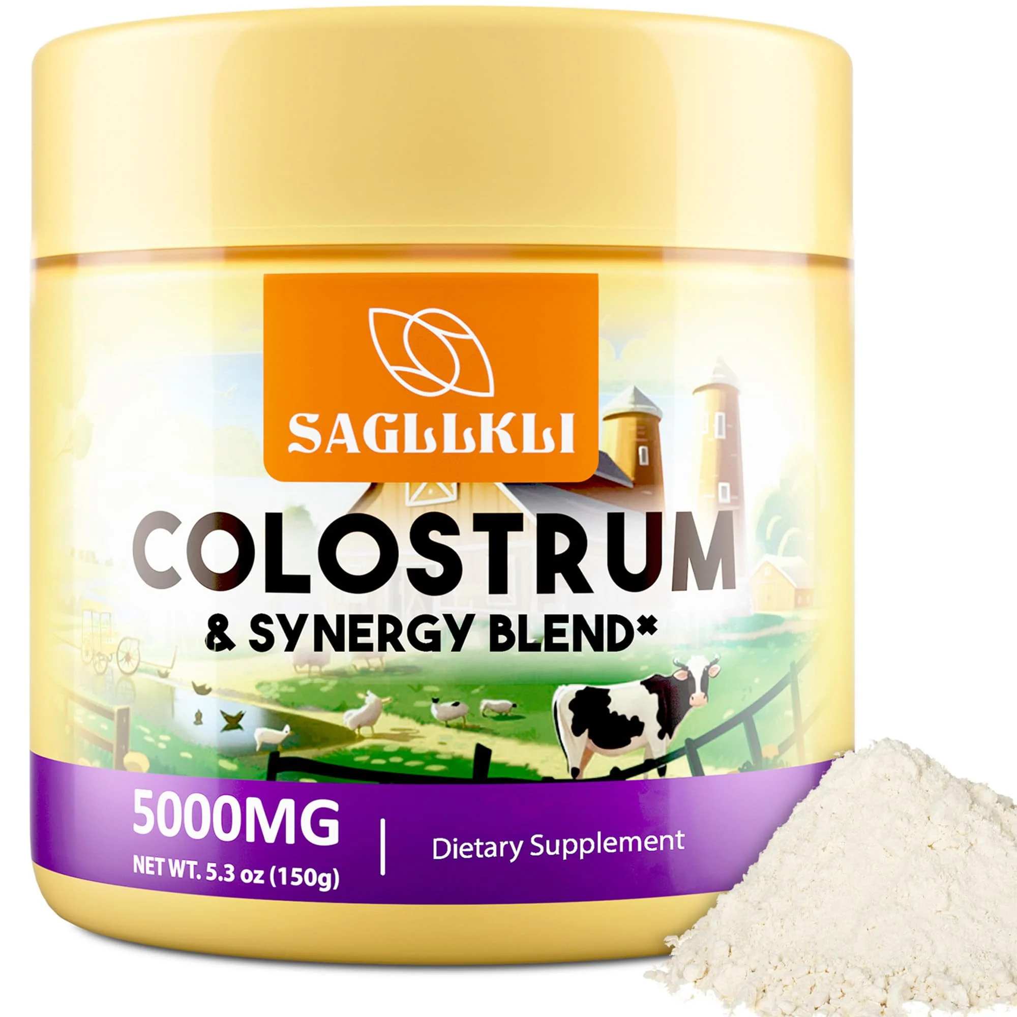 Saglikli Colostrum Powder Supplement 5,000 mg, Grass-Fed Bovine Colostrum with Prebiotics, Probiotics, Lactoferrin & PRP, 30 Servings