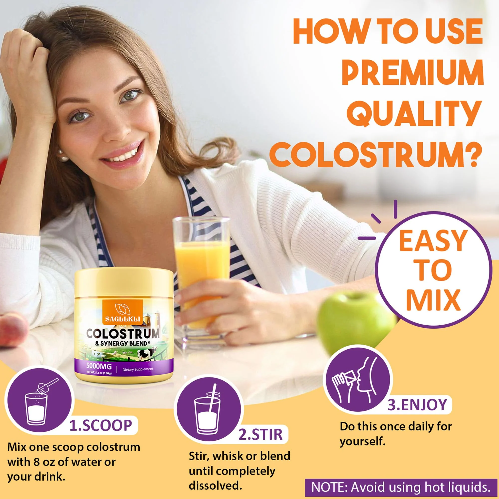 Saglikli Colostrum Powder Supplement 5,000 mg, Grass-Fed Bovine Colostrum with Prebiotics, Probiotics, Lactoferrin & PRP, 30 Servings - Image 2