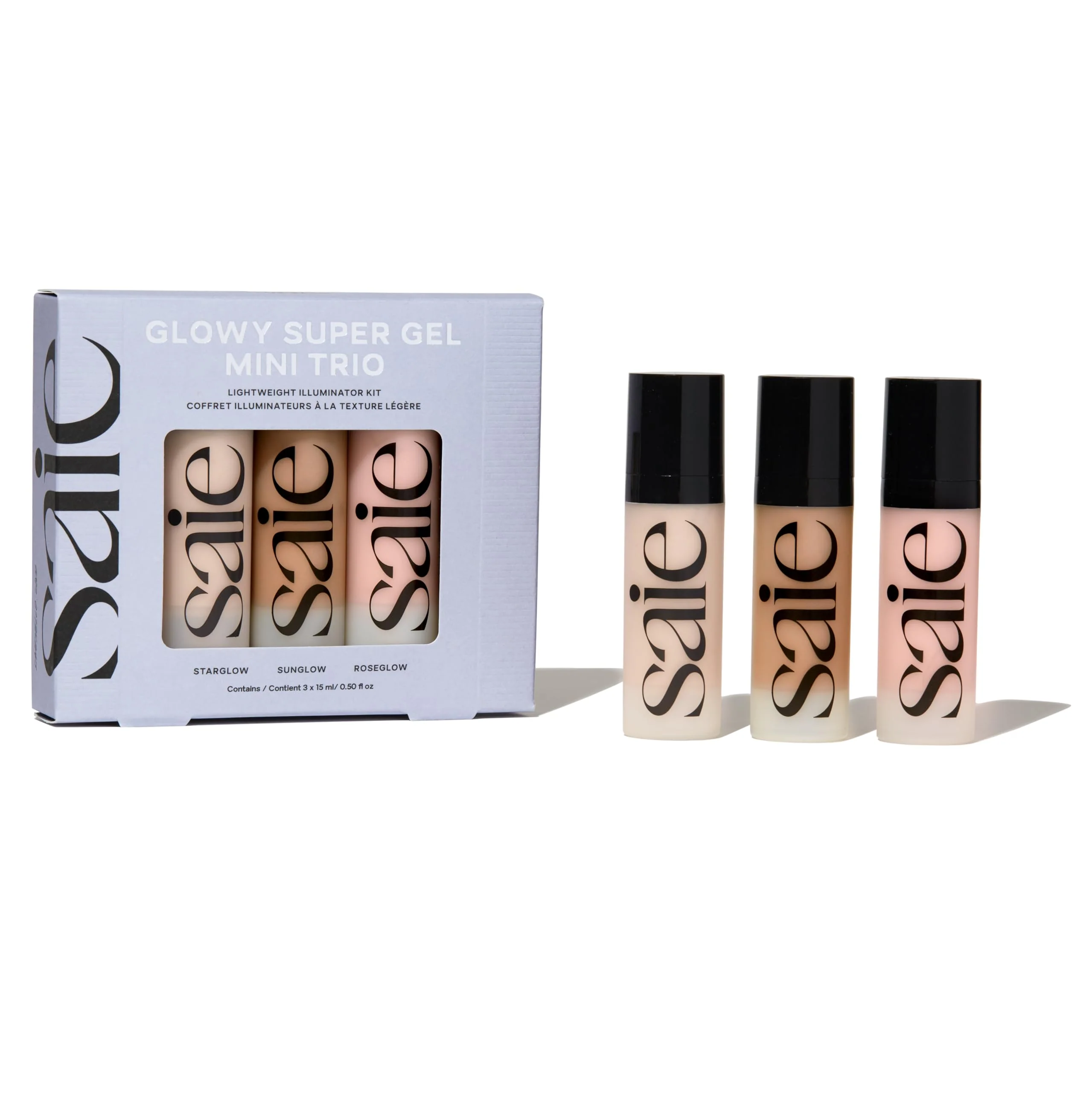 Saie Mini Glowy Super Gel Trio Gift Set - Lightweight Makeup Primer & All-Over Liquid Highlighter for Instant Glowy, Glass Skin - With Glycerin & Squalane - Starglow, Roseglow & Sunglow (0.5 oz Each)