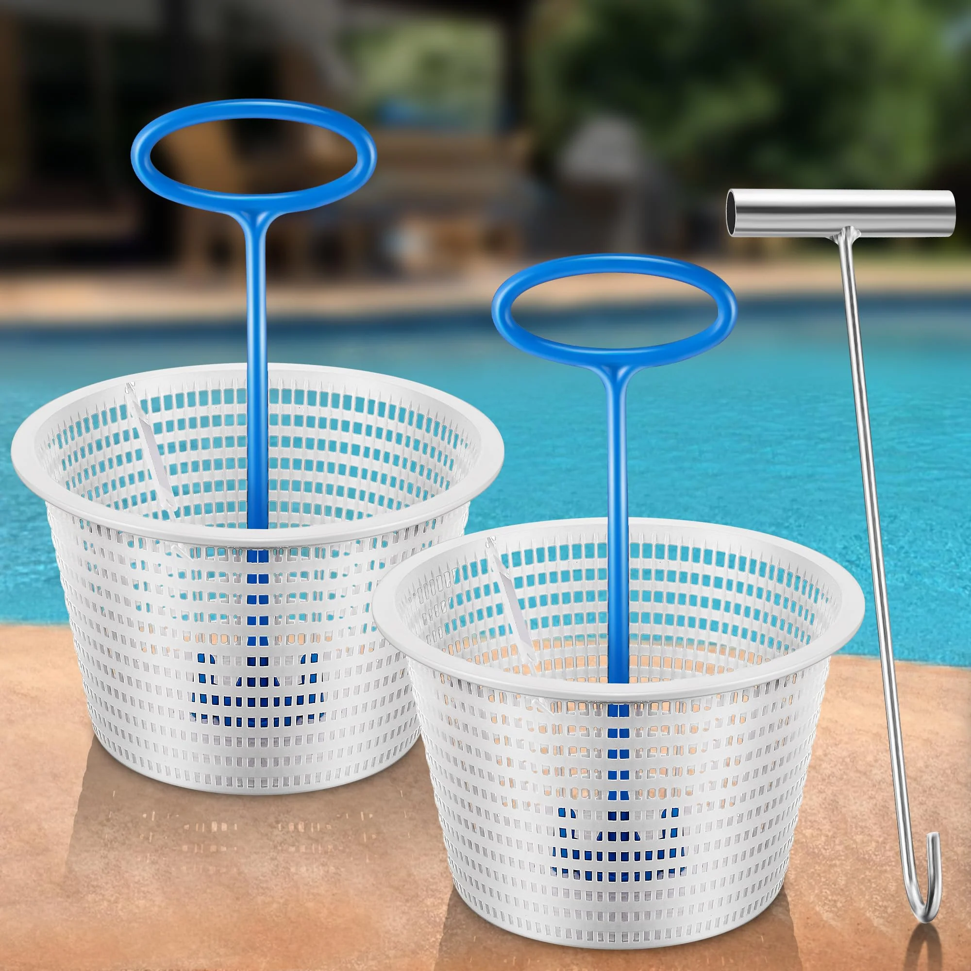 Saillong 2 8" Pool Skimmer Basket for Inground Pool & 2 Skimmer Basket Handle & 1 Stainless Steel Hook, Universal Pools Skimmers Baskets Replacement for Debris Removal, Keep Hands Clean(Blue, White)