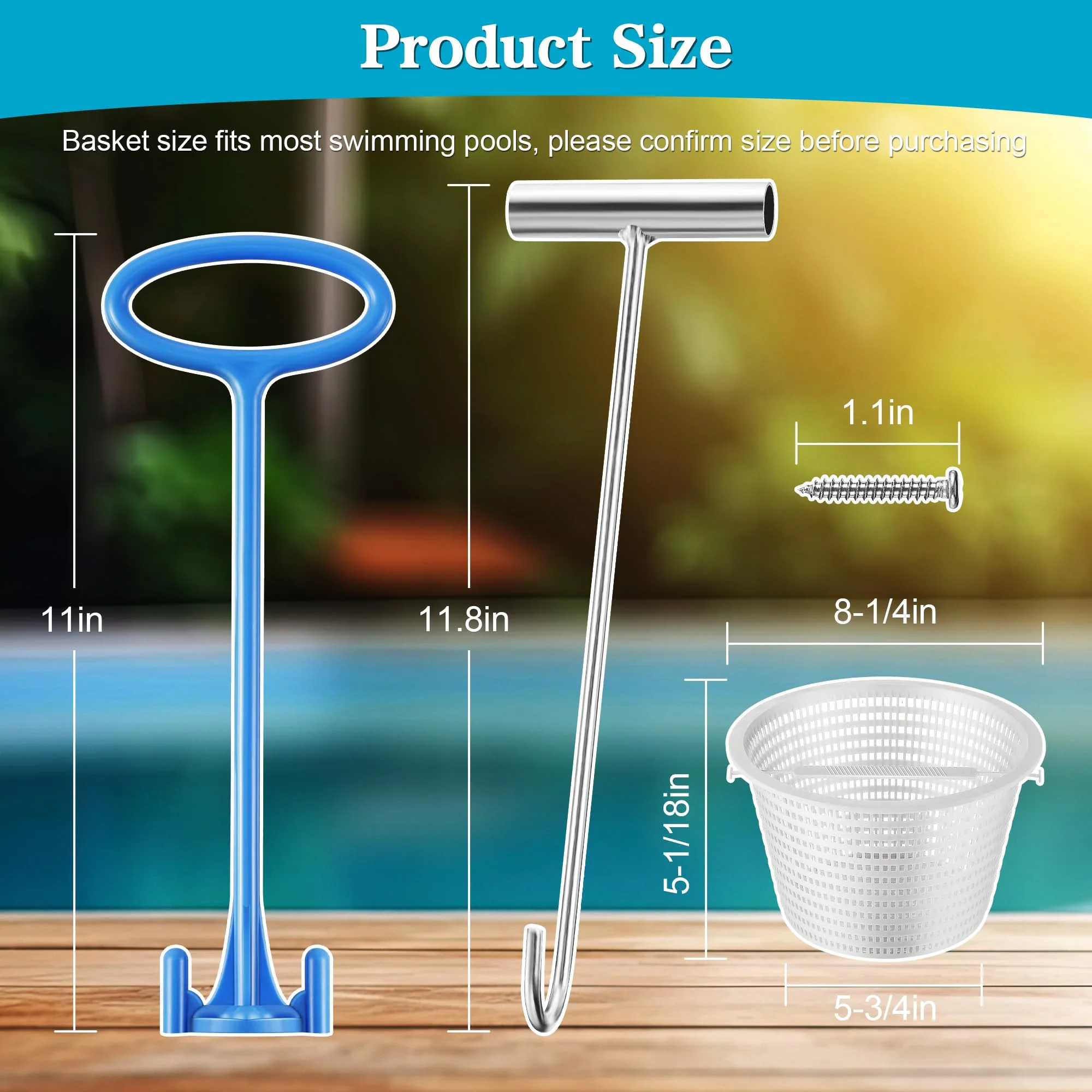 Saillong 2 8" Pool Skimmer Basket for Inground Pool & 2 Skimmer Basket Handle & 1 Stainless Steel Hook, Universal Pools Skimmers Baskets Replacement for Debris Removal, Keep Hands Clean(Blue, White) - Image 3