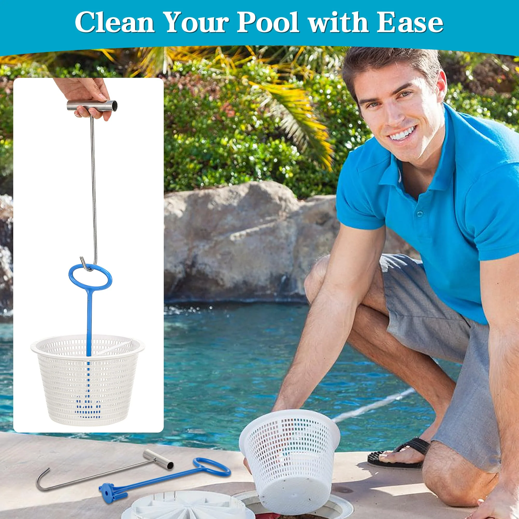 Saillong 2 8" Pool Skimmer Basket for Inground Pool & 2 Skimmer Basket Handle & 1 Stainless Steel Hook, Universal Pools Skimmers Baskets Replacement for Debris Removal, Keep Hands Clean(Blue, White) - Image 4
