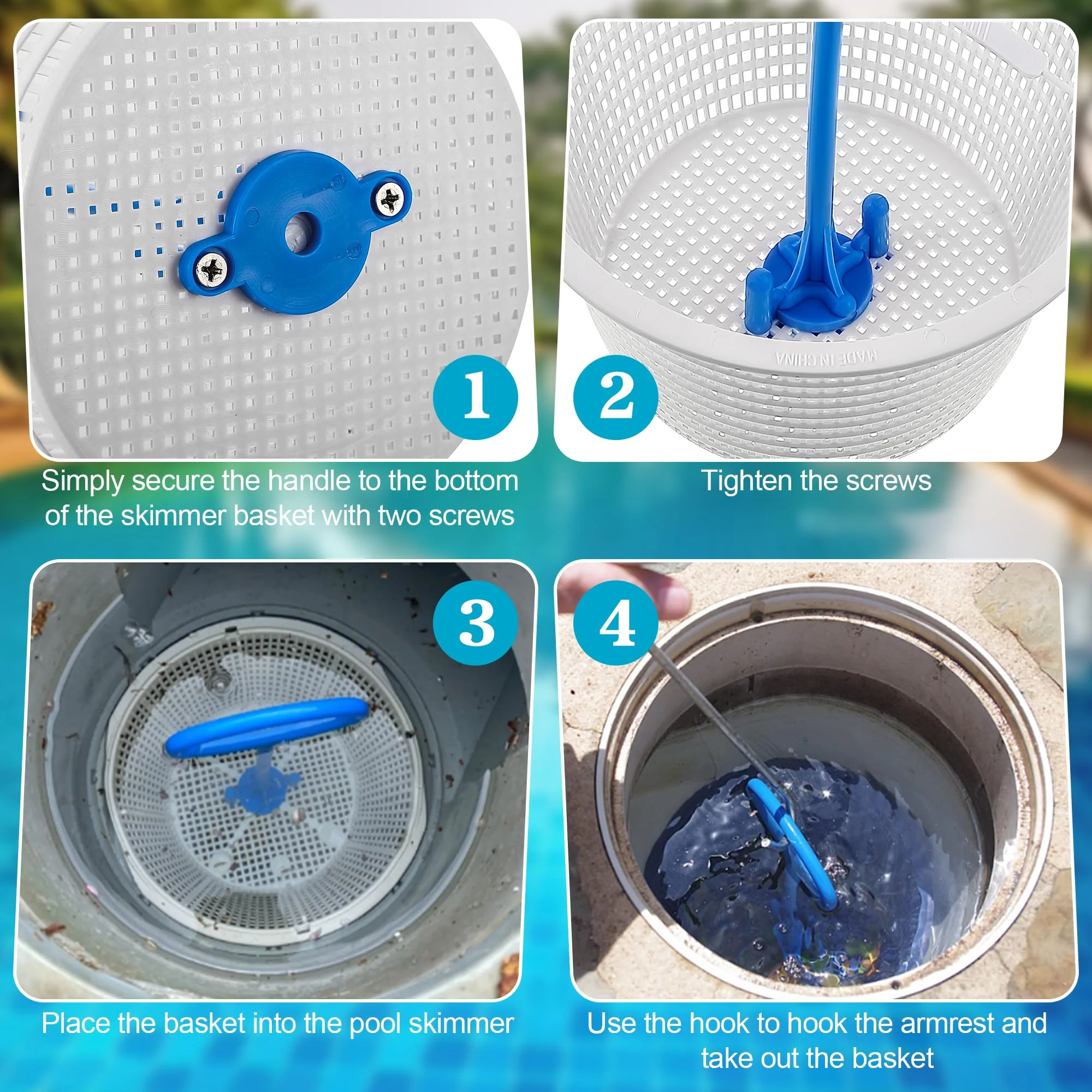Saillong 2 8" Pool Skimmer Basket for Inground Pool & 2 Skimmer Basket Handle & 1 Stainless Steel Hook, Universal Pools Skimmers Baskets Replacement for Debris Removal, Keep Hands Clean(Blue, White) - Image 6