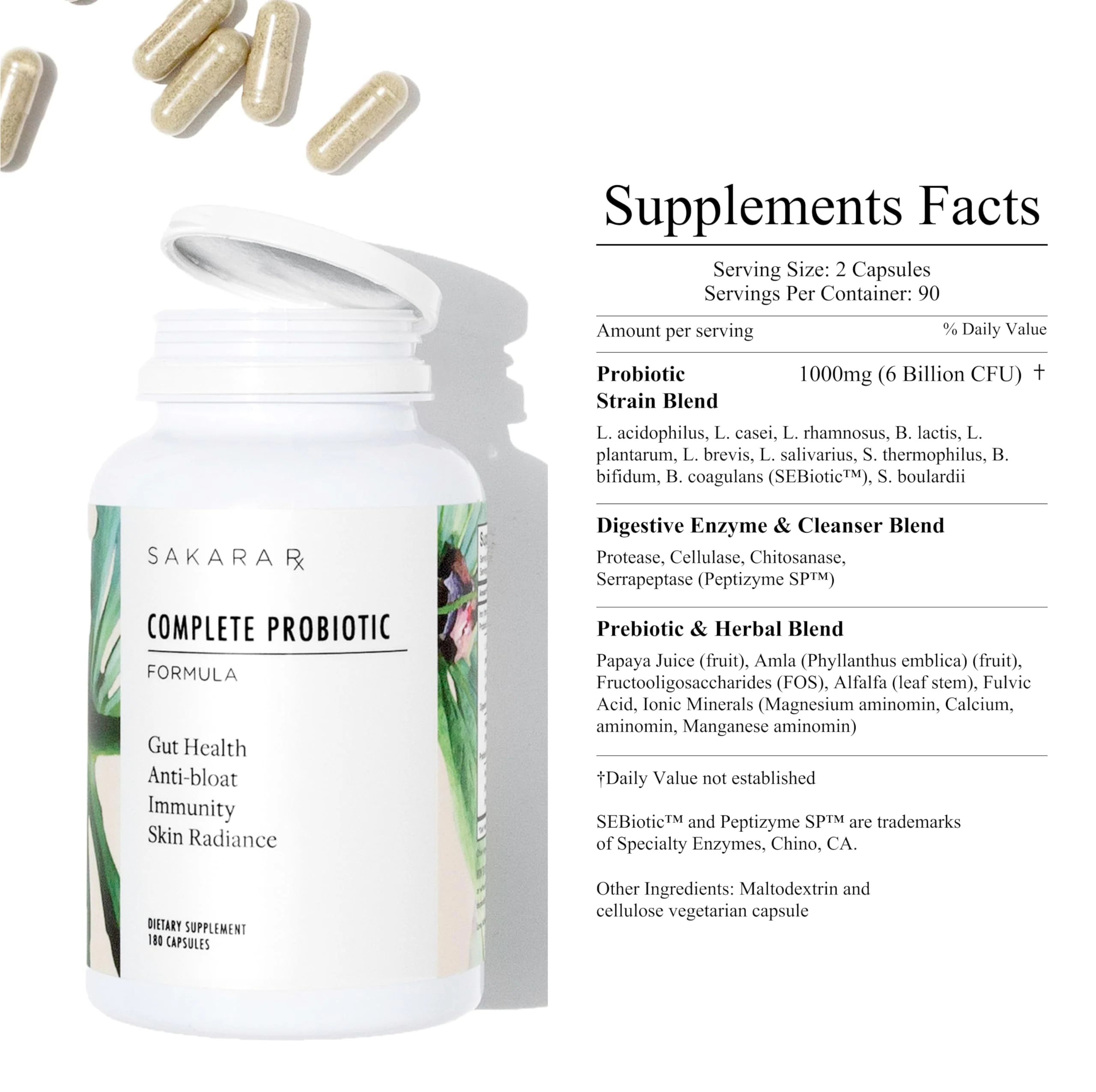 SAKARA Complete Probiotic - Prebiotics and Probiotics for Women Digestive Health Supplements, Supports Bloating, Immune System & Skin Radiance, Gut Health for Women with 3 Billion CFU's - 180 Capsules - Image 3