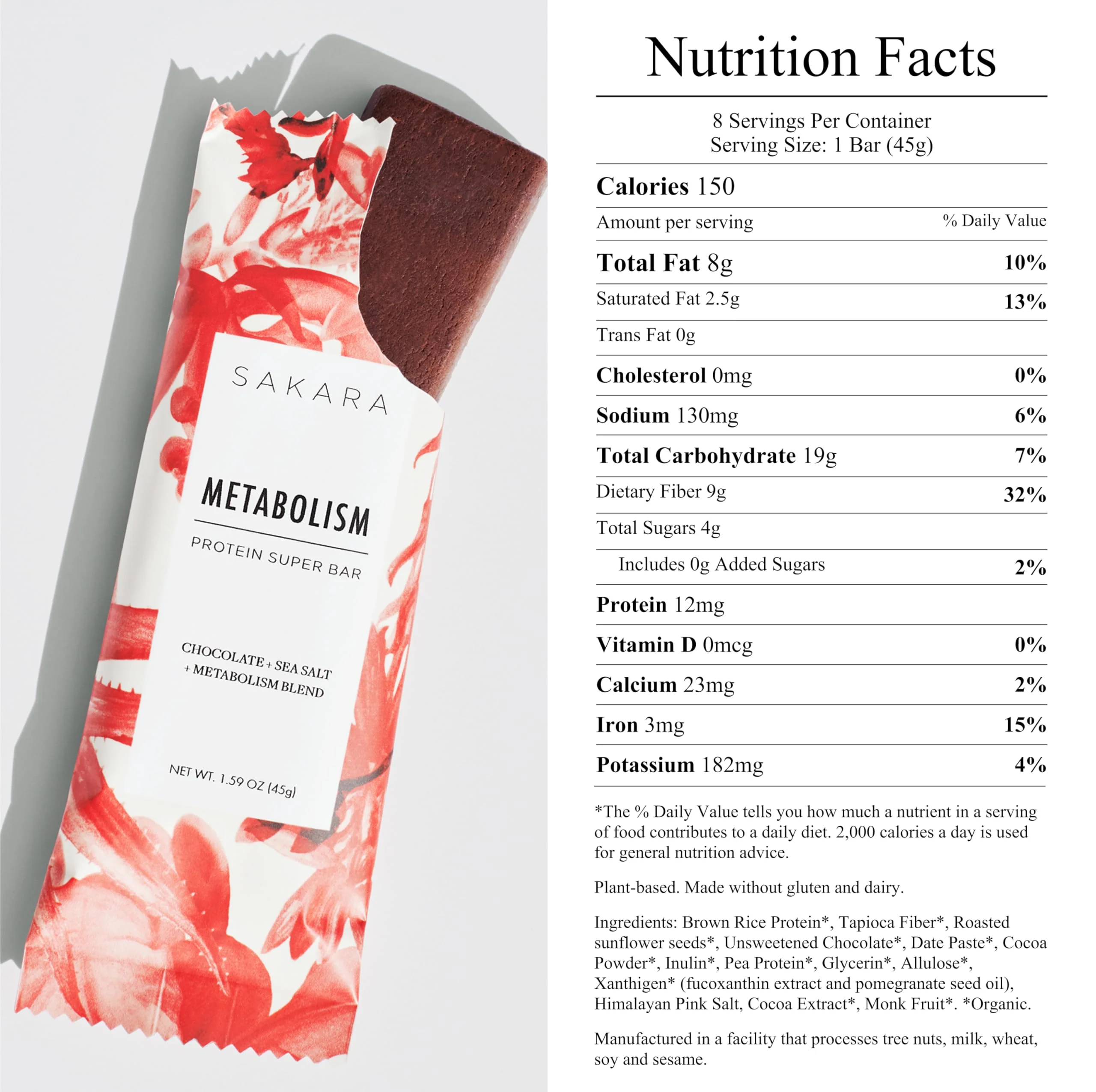 SAKARA Metabolism Super Bar – Healthy, Nutritious Vegan Protein Bars, Clean Ingredients, Low Sugar, Gluten-Free, On-the-Go Snacks with 9g Fiber, Sea Salt, Chocolate, 12g Plant-Based Protein