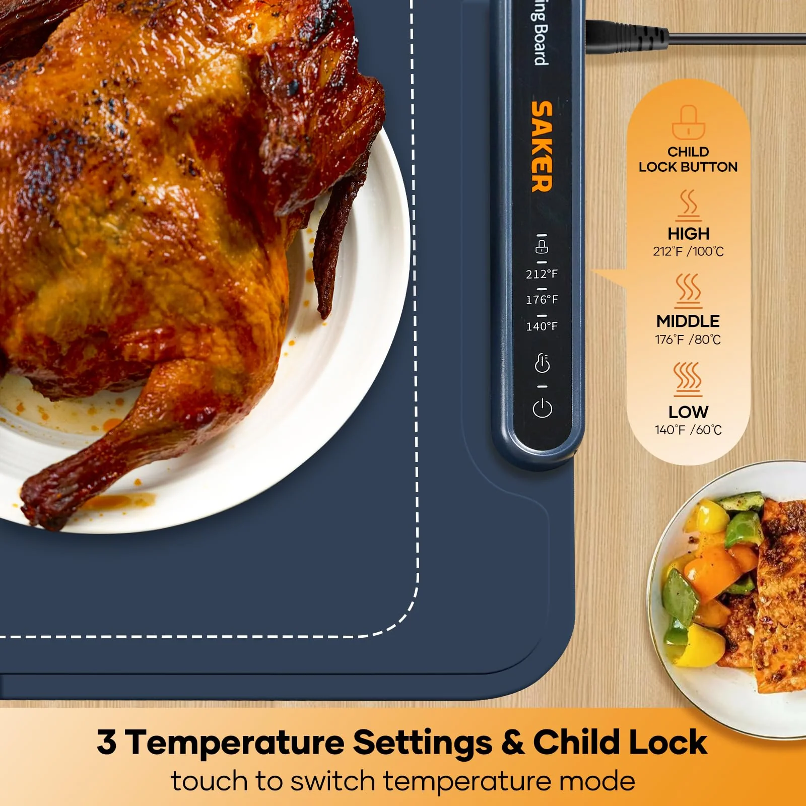 Saker Food Warming Mat,Electric Warming Tray for Food, Adjustable Heating Mat for Countertop with 3 Temperature Settings & Child Lock, Portable Foldable Food Warmer for Party, Buffet, Daily Use - Image 2
