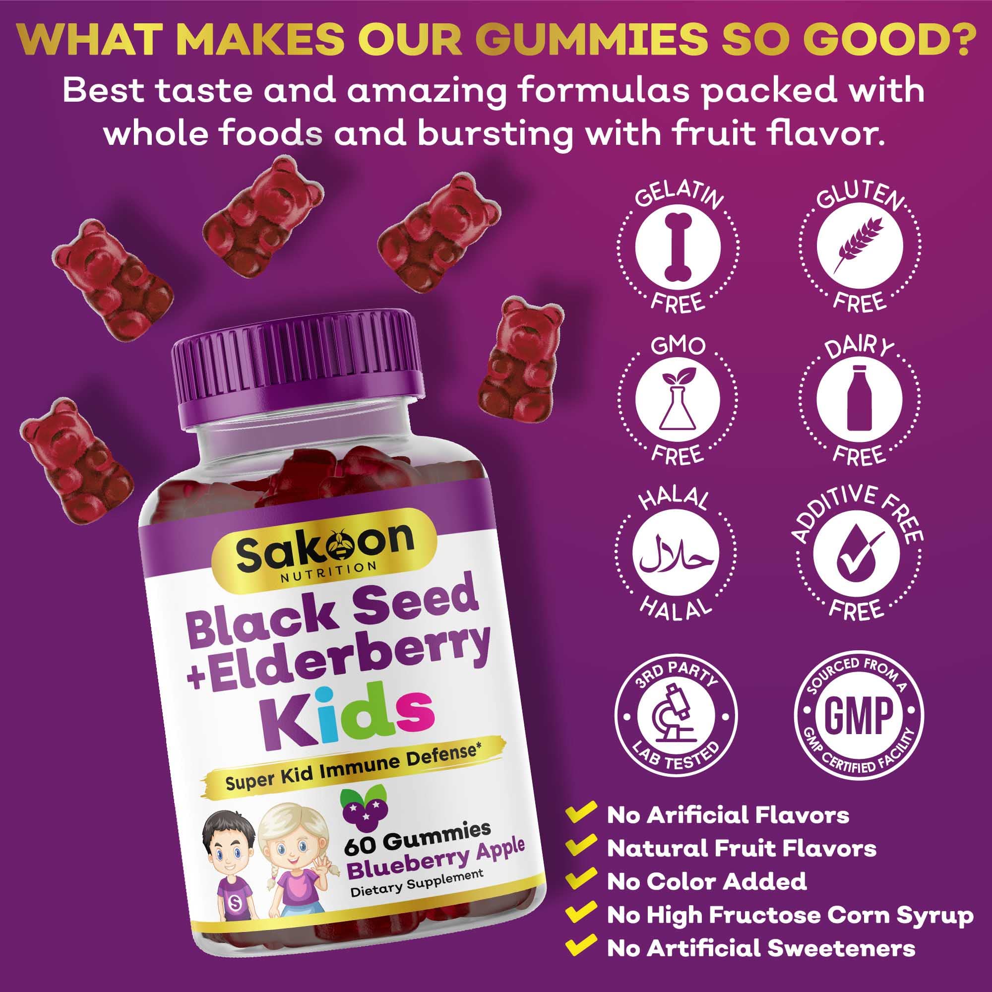 Sakoon nutrition Elderberry & Black Seed Oil Gummies for Kids, Immune Support, with Vitamin C and Zinc, Delicious Berry Flavor, 60 Gummies - Image 4
