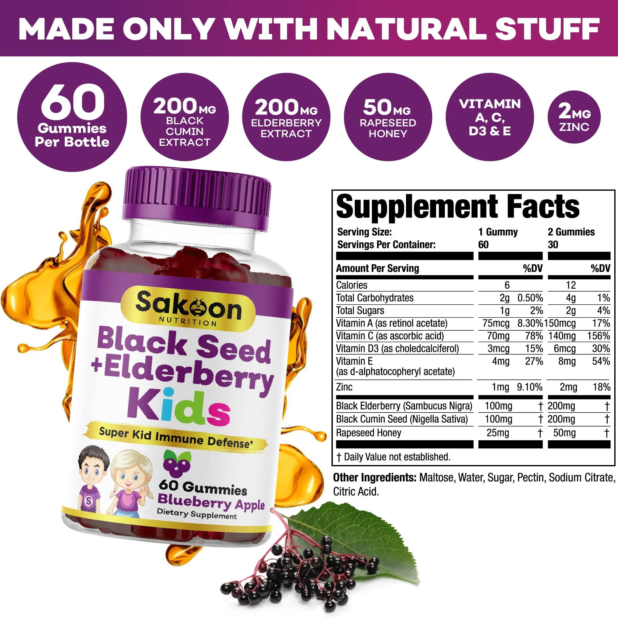 Sakoon nutrition Elderberry & Black Seed Oil Gummies for Kids, Immune Support, with Vitamin C and Zinc, Delicious Berry Flavor, 60 Gummies - Image 6