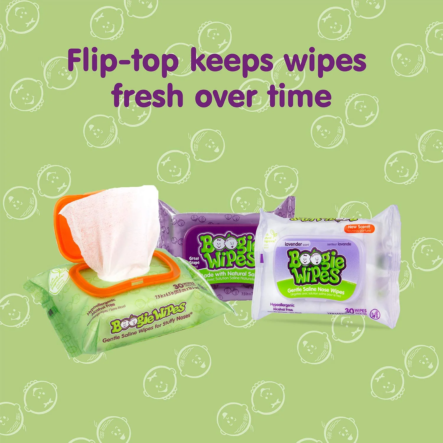 Saline Nose Wipes by Boogie, for Baby & Kids, Face, Hand & Body, Made with Vitamin E, Aloe, and Natural Saline, Grape Scent, 30 Count (Pack of 3) - Image 2