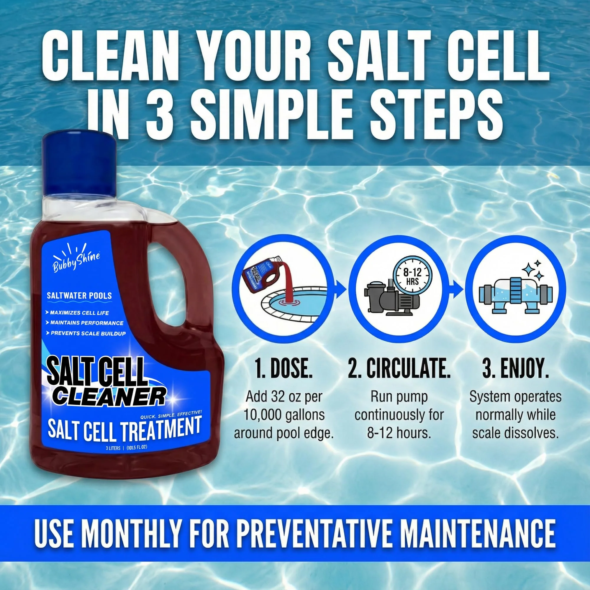 Salt Cell Cleaner for Pool - 3 L (101.5 fl oz) - Pool Salt Cell Cleaner Solution for Saltwater Pools, Helps Reduce Scale Buildup & Support Generator Performance (SWG) - BubbyShine - Image 7