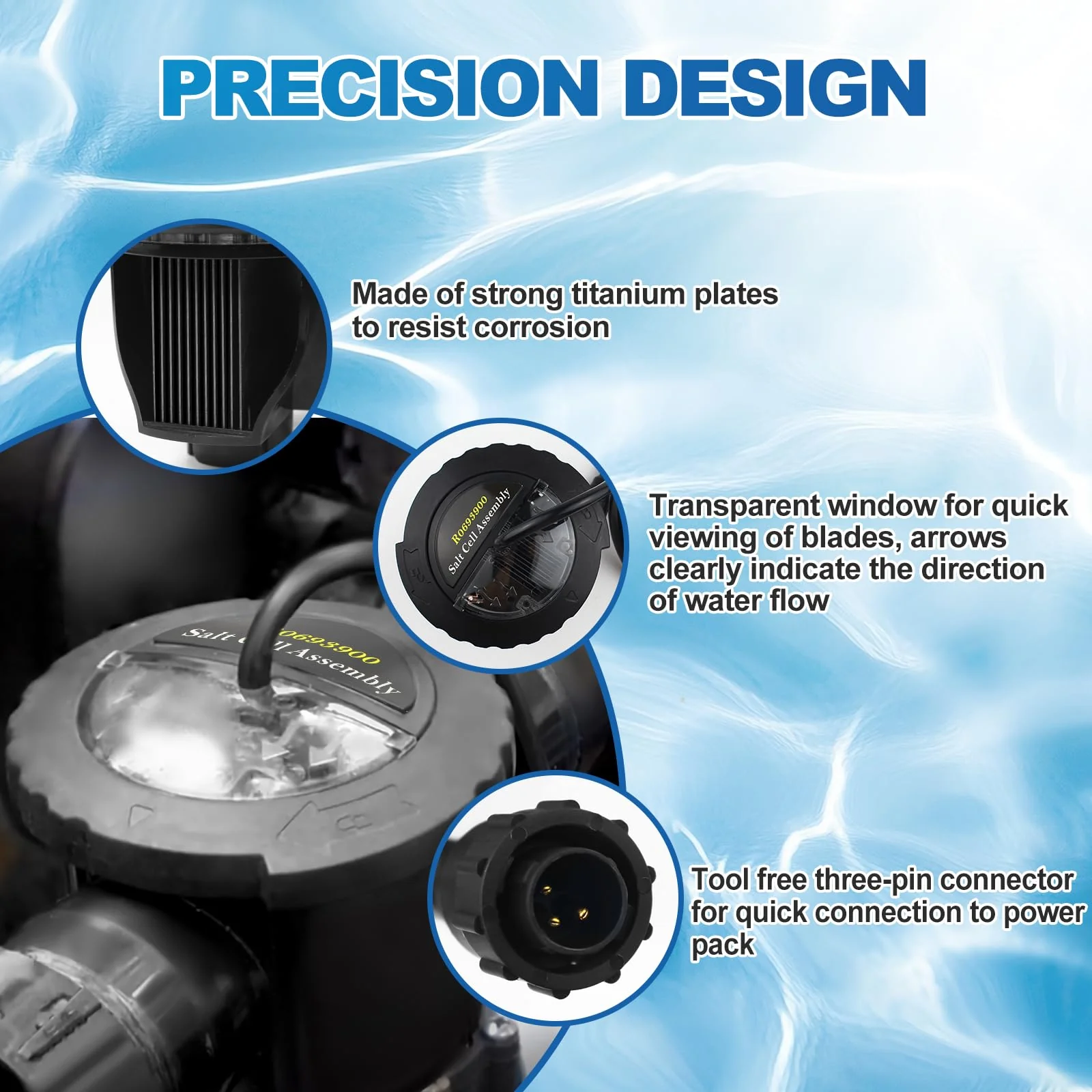 Salt Cell Replacement R0693900 Compatible with Jandy Pro Series TruClear11K & TruClear11KU, Salt Cell Assembly for Pools Up to 35,000 Gallons, Leak-Free Seal - Image 2