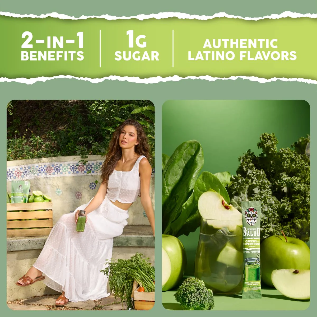 Salud 2-in-1 Greens Powder + Superfood Drink Mix Packets, 20+ Fruits and Veggies, Probiotics, Prebiotics, Supports Digestive Health, Bloating Relief, Vegan, Green Apple (15 Servings) - Image 5