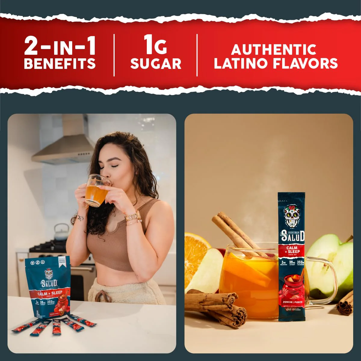 Salud 2-in-1 Sleep Aid + Calm Drink Mix, Punch Ponche Flavor, Melatonin, Magnesium, Saffron Extract, L-Theanine, Non-GMO, Gluten Free, Vegan, Low Calorie, 1g of Sugar (15 Servings) - Image 5