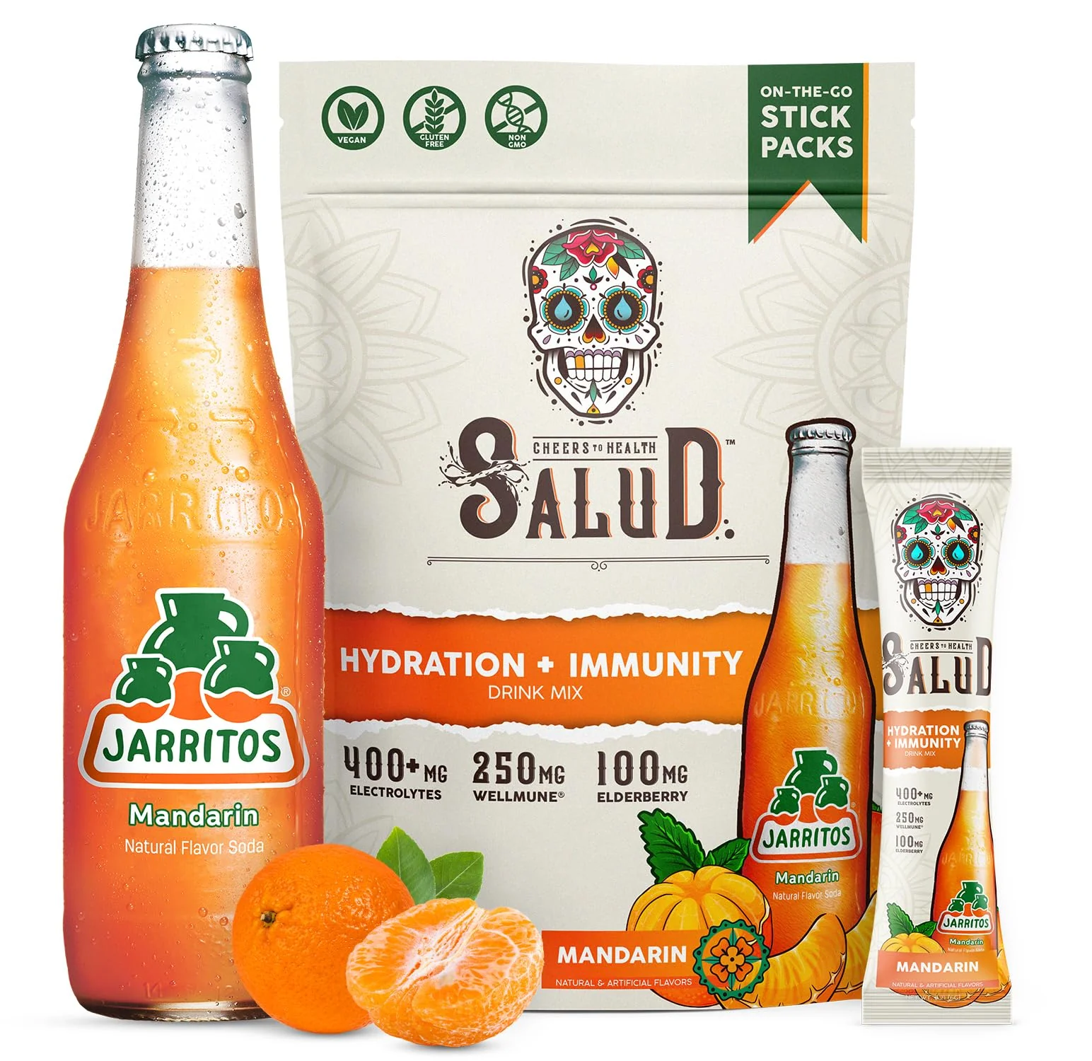 Salud x Jarritos 2-in-1 Hydration Packets + Immunity Electrolytes Powder, Mandarin - Agua Fresca Drink Mix, Elderberry, Dairy & Soy Free, Non-GMO, Gluten Free, Vegan, 1g Sugar (15 Servings)