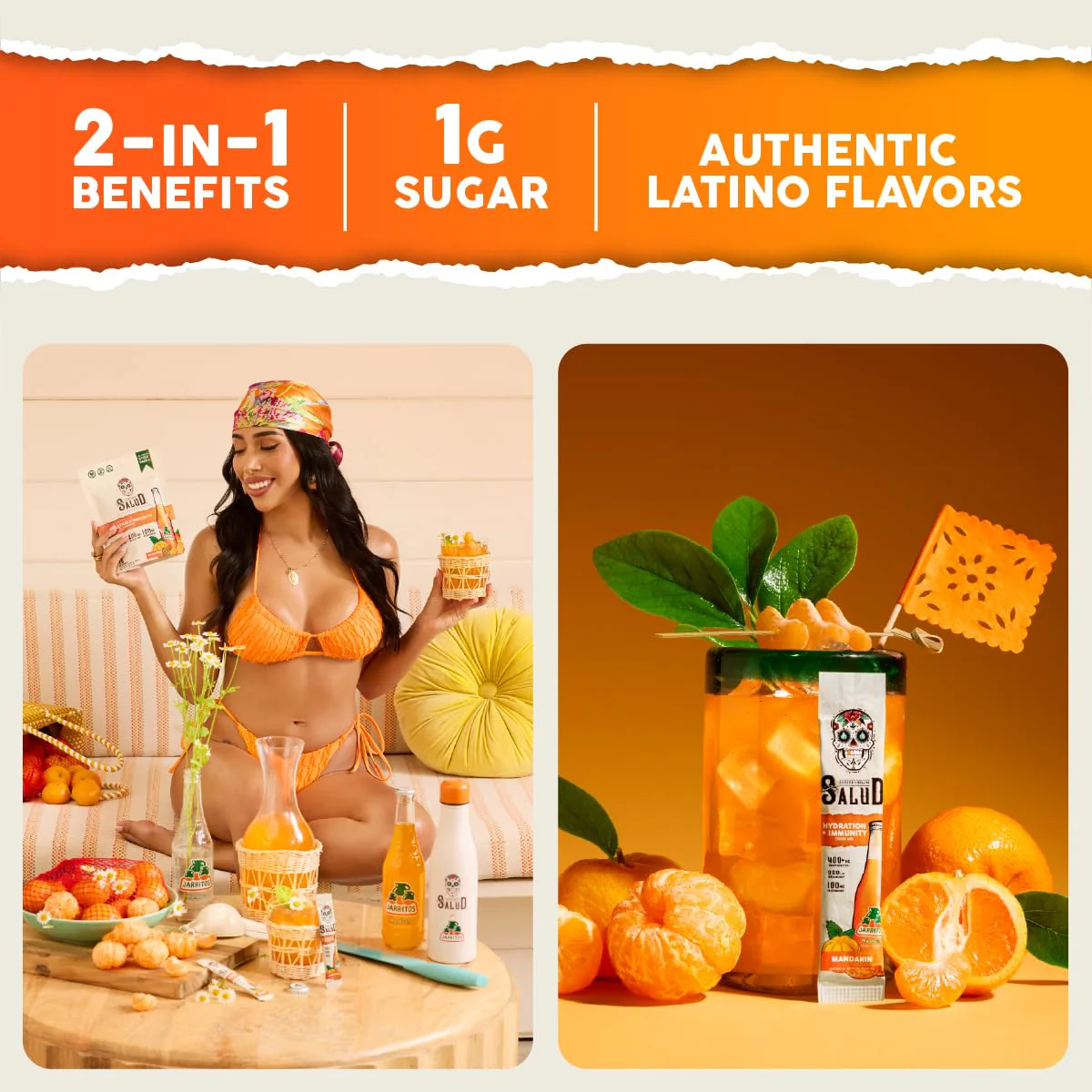 Salud x Jarritos 2-in-1 Hydration Packets + Immunity Electrolytes Powder, Mandarin - Agua Fresca Drink Mix, Elderberry, Dairy & Soy Free, Non-GMO, Gluten Free, Vegan, 1g Sugar (15 Servings) - Image 2