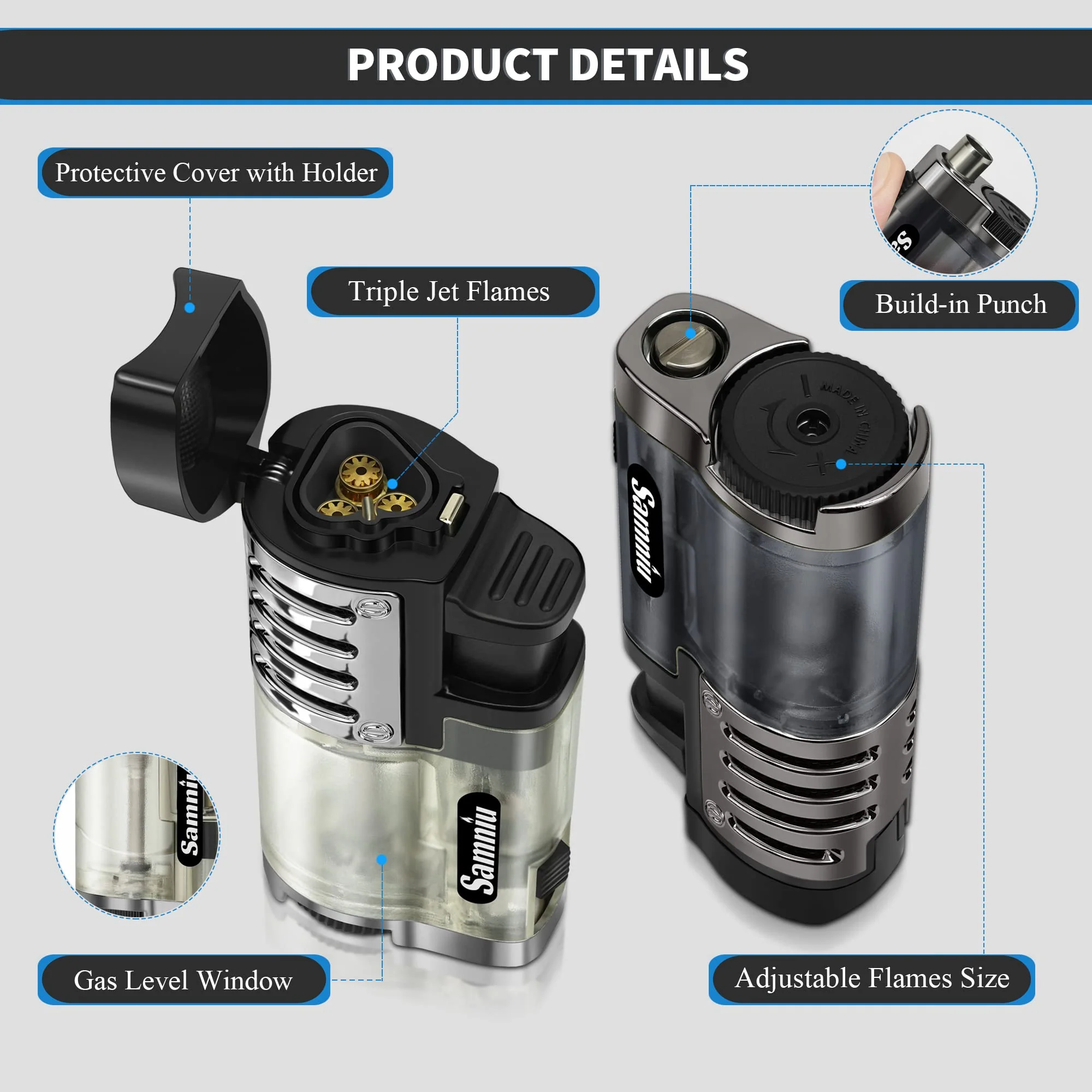 SAMNIU Pack of 2 Torch Lighter, Triple Jet Flames, Visible Gas Tank, Windproof Butane Refill Pocket Lighters for Candle, Men’s Gift (Gas not Included) - Image 2
