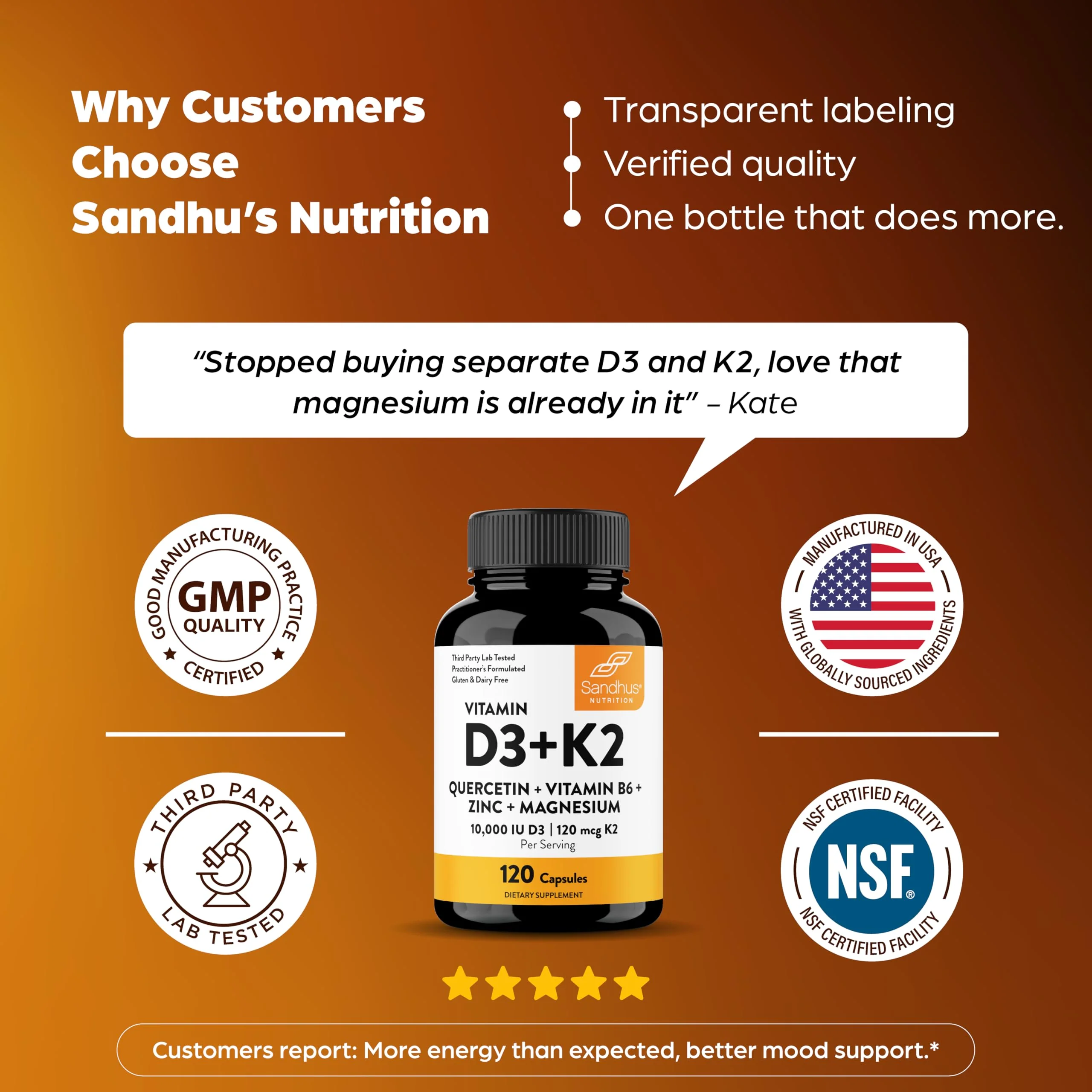 Sandhu's Vitamin D3 K2 Magnesium 10000 IU, 120mcg K2 Capsules 120 Count (Pack of 3) | with VIT B6, Zinc & Quercetin | D3K2 Supports Superior Absorption, Energy, Immune, Muscle Health for Men & Women - Image 7