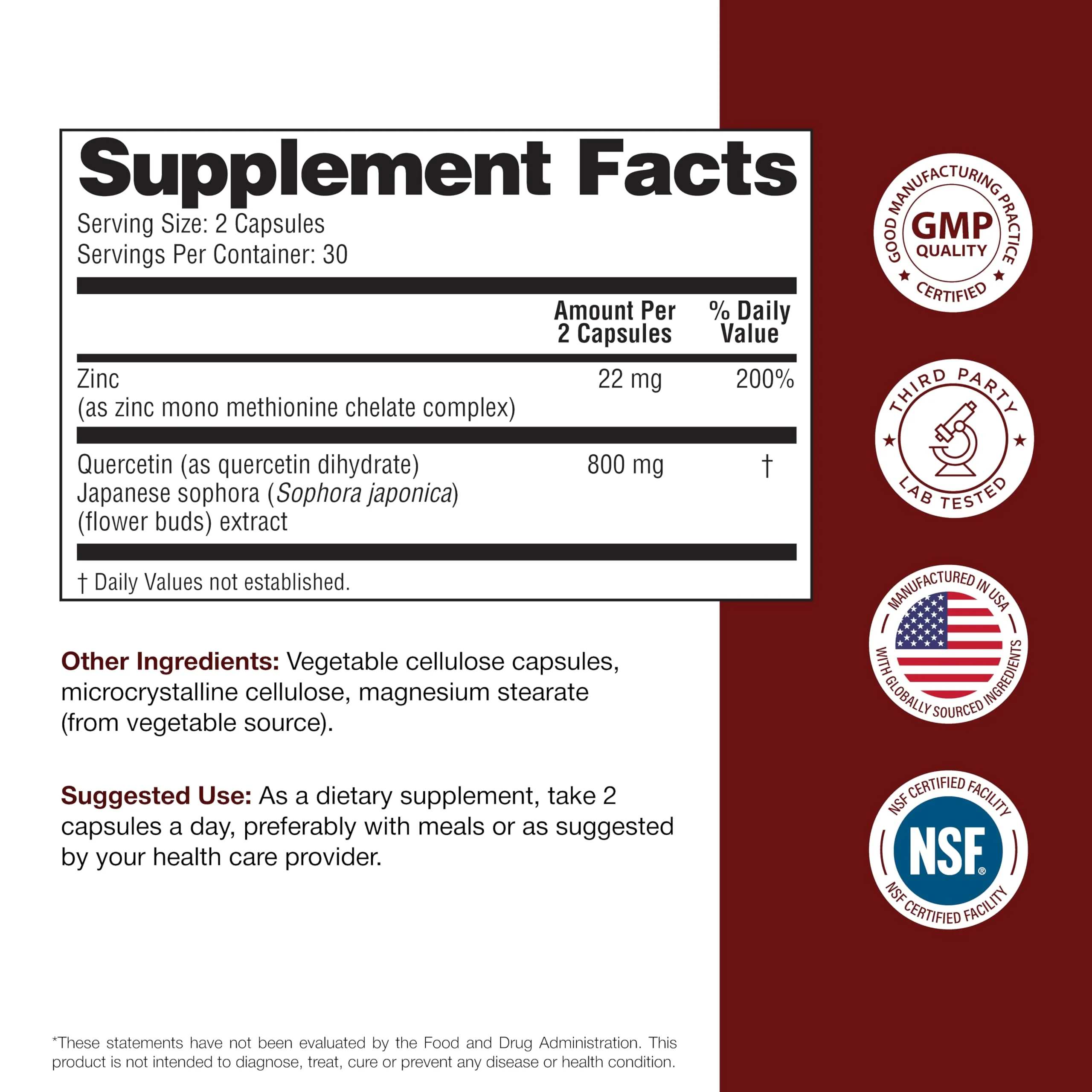 Sandhu's Zinc Quercetin 60 Vegetarian Capsules (Pack of 1) | High Absorption Zink Supplements for Immunity and Seasonal Allergy | Antioxidant Immune Support for Men and Women | Easy to Swallow - Image 8