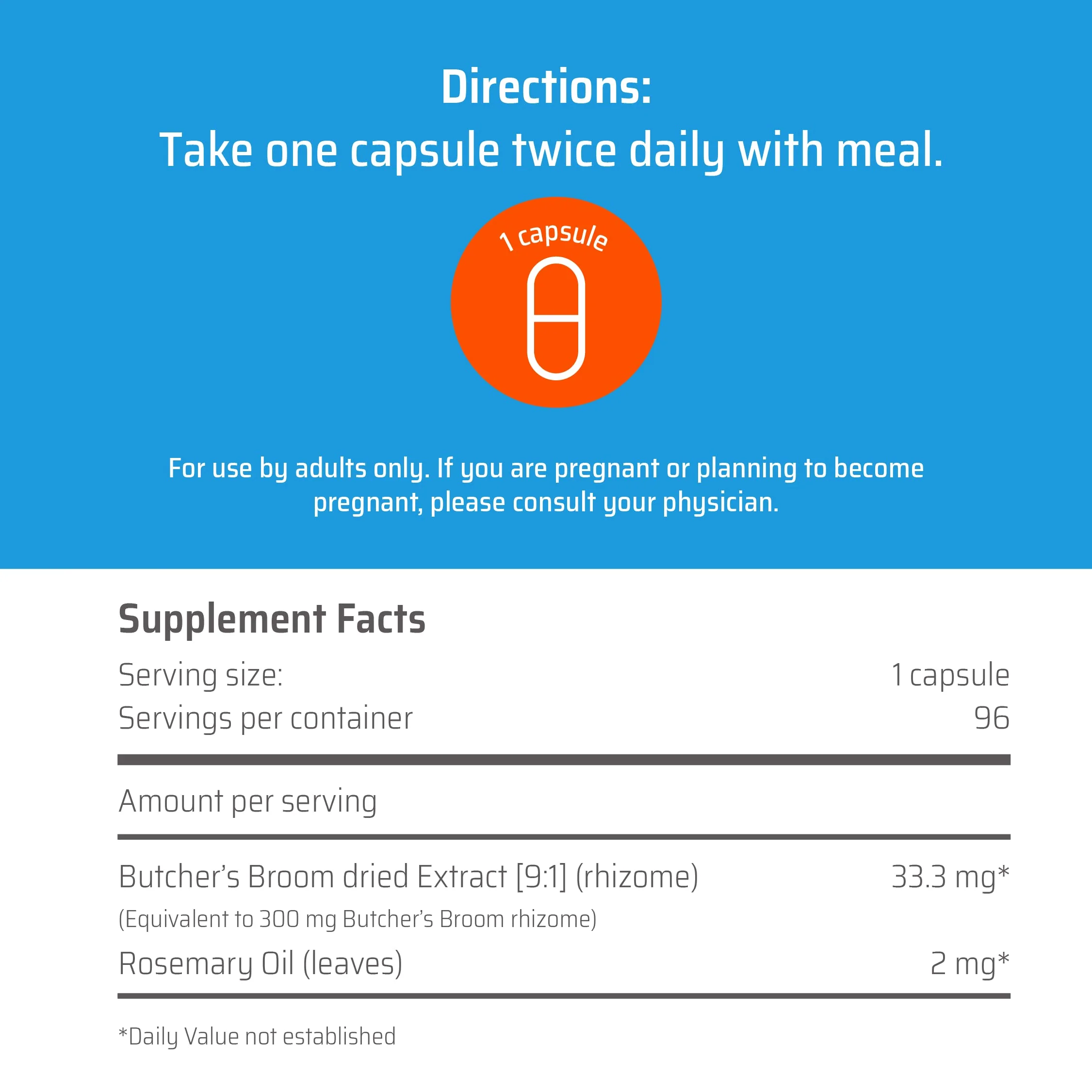 Sanhelios Circu Caps High Potency Butcher's Broom Dried Extract 33mg & Rosemary Oil - Herbal Support Supplement for Healthy Blood Flow, Veins & Circulation in Legs - 96 Softgel Capsules