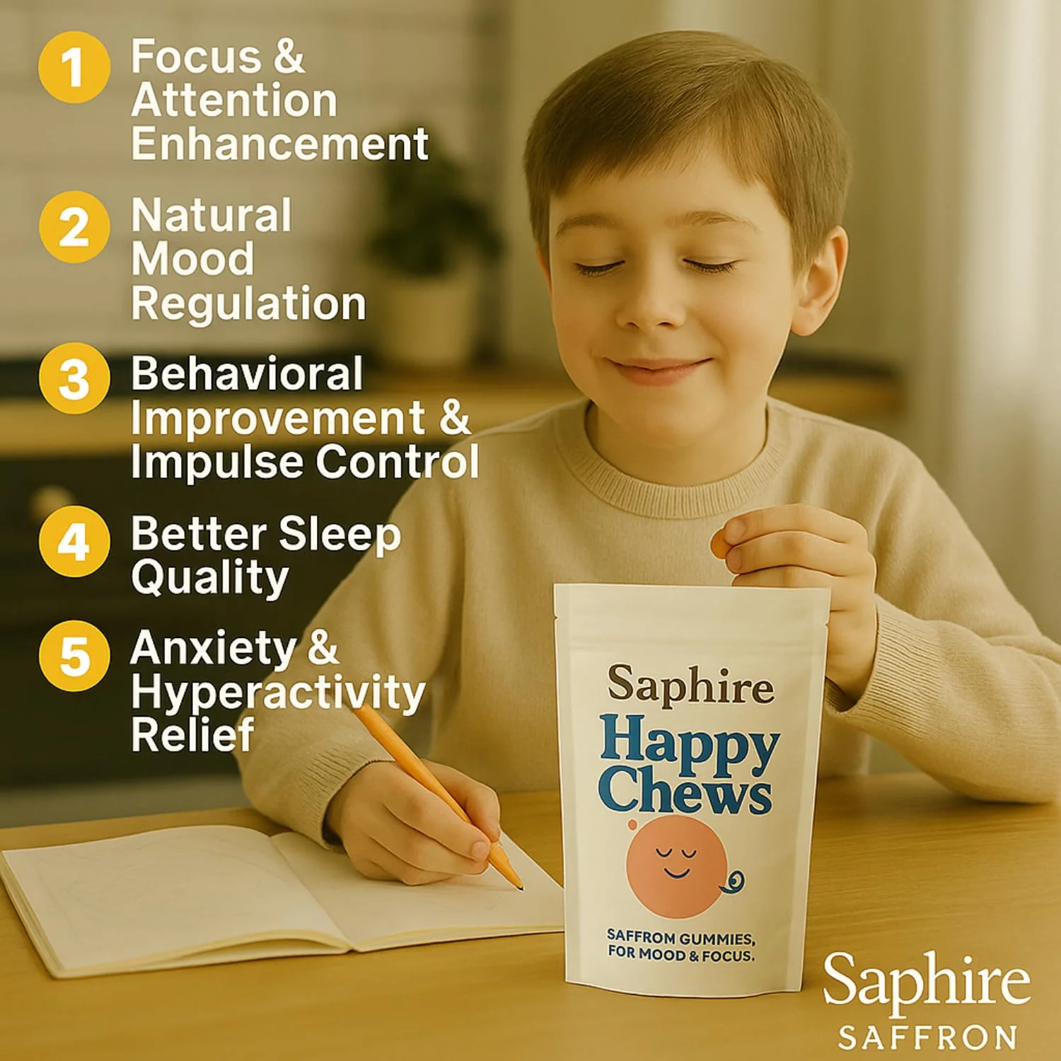 SAPHIRE HAPPY CHEWS Saffron Gummies for Kids | Supports Mood, Calm & Focus | Saffron Extract, Passionflower, St. John’s Wort & GABA | Sugar-Free, Gluten-Free, Vegan, Non-GMO (60 Gummies) - Image 3