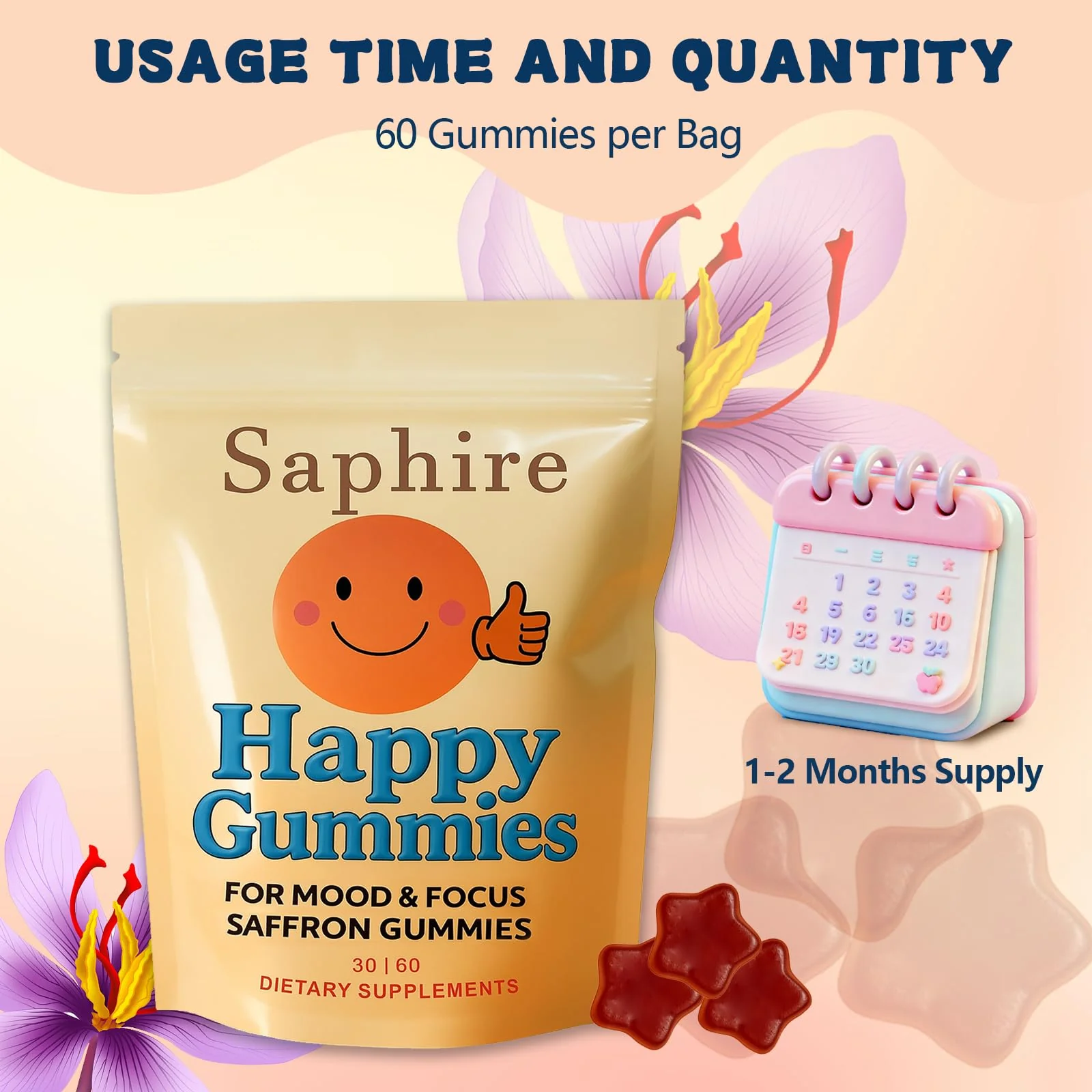 Saphire Happy Gummies – Calm & Focus Support Gummies, Sugar-Free Saffron Chews with Passion Flower & Chamomile, Daily Mood Balance Supplement, 60 Count(30-Day Supply).(1) - Image 4