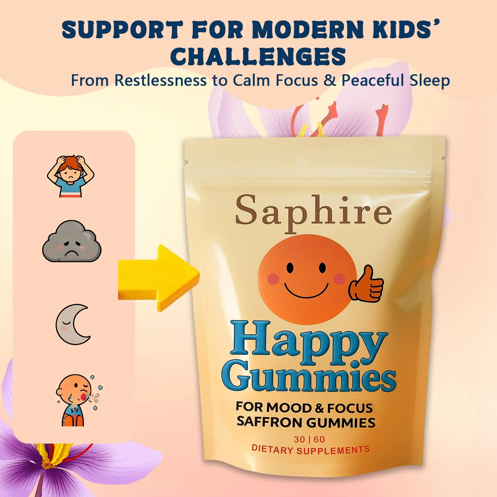 Saphire Happy Gummies – Calm & Focus Support Gummies, Sugar-Free Saffron Chews with Passion Flower & Chamomile, Daily Mood Balance Supplement, 60 Count(30-Day Supply).(1) - Image 5